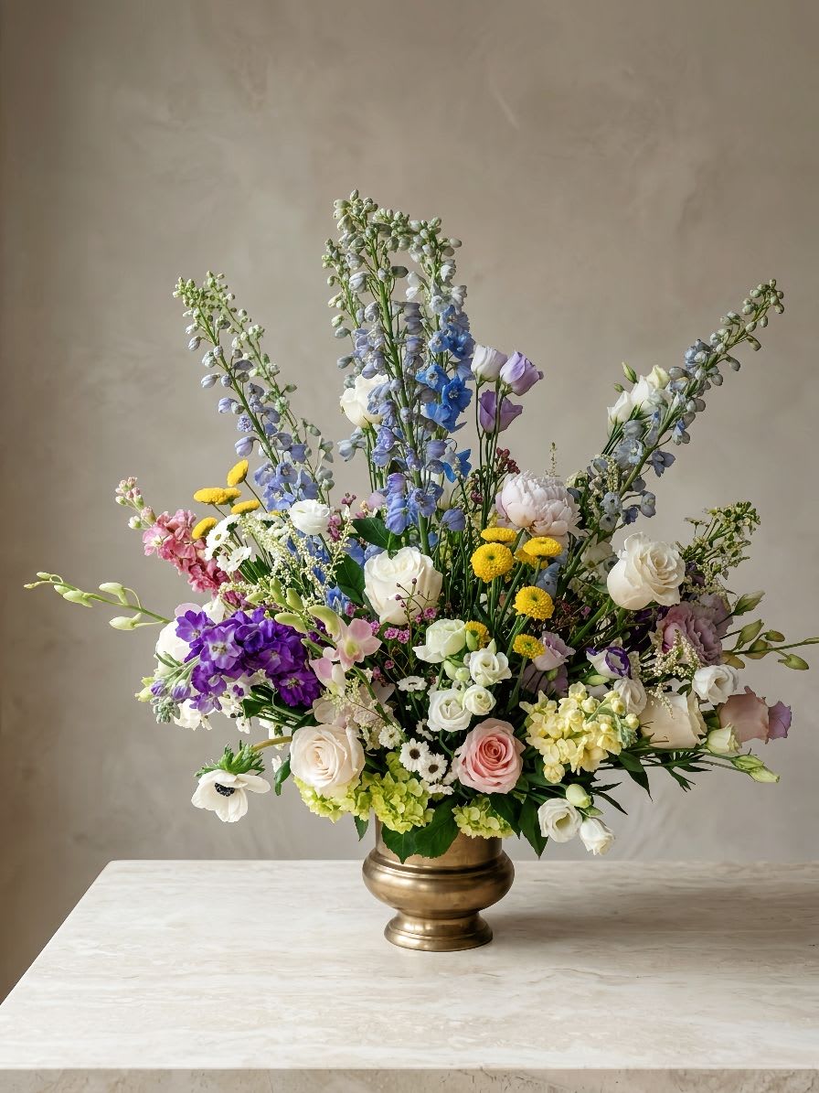 Party &amp; Banquet Centerpiece - A grand, vibrant, and joyful floral centerpiece beautifully styled in a premium gold pedestal urn. Perfectly designed for first birthday banquets, weddings, and lively parties, this stunning arrangement features tall stalks of sky-blue delphinium and deep purple stock, beautifully mixed with bright yellow button poms, soft pink roses, and crisp white blossoms. It creates an enchanting and celebratory atmosphere for any special event or guest table.  
