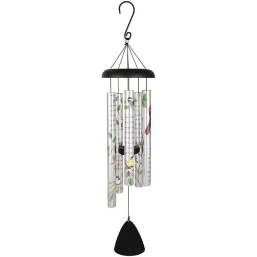 Hanging wind chime with printed metal tubes and a black top and clapper