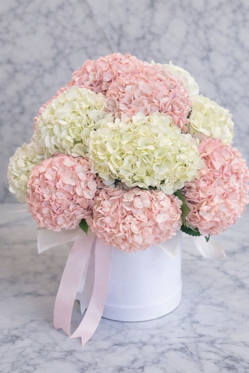 Blush Marble Elegance - A luxurious arrangement of premium pink and white hydrangeas beautifully presented in a chic white box. Perfect for Mothers day, birthdays, anniversaries, baby showers or any elegant celebration.