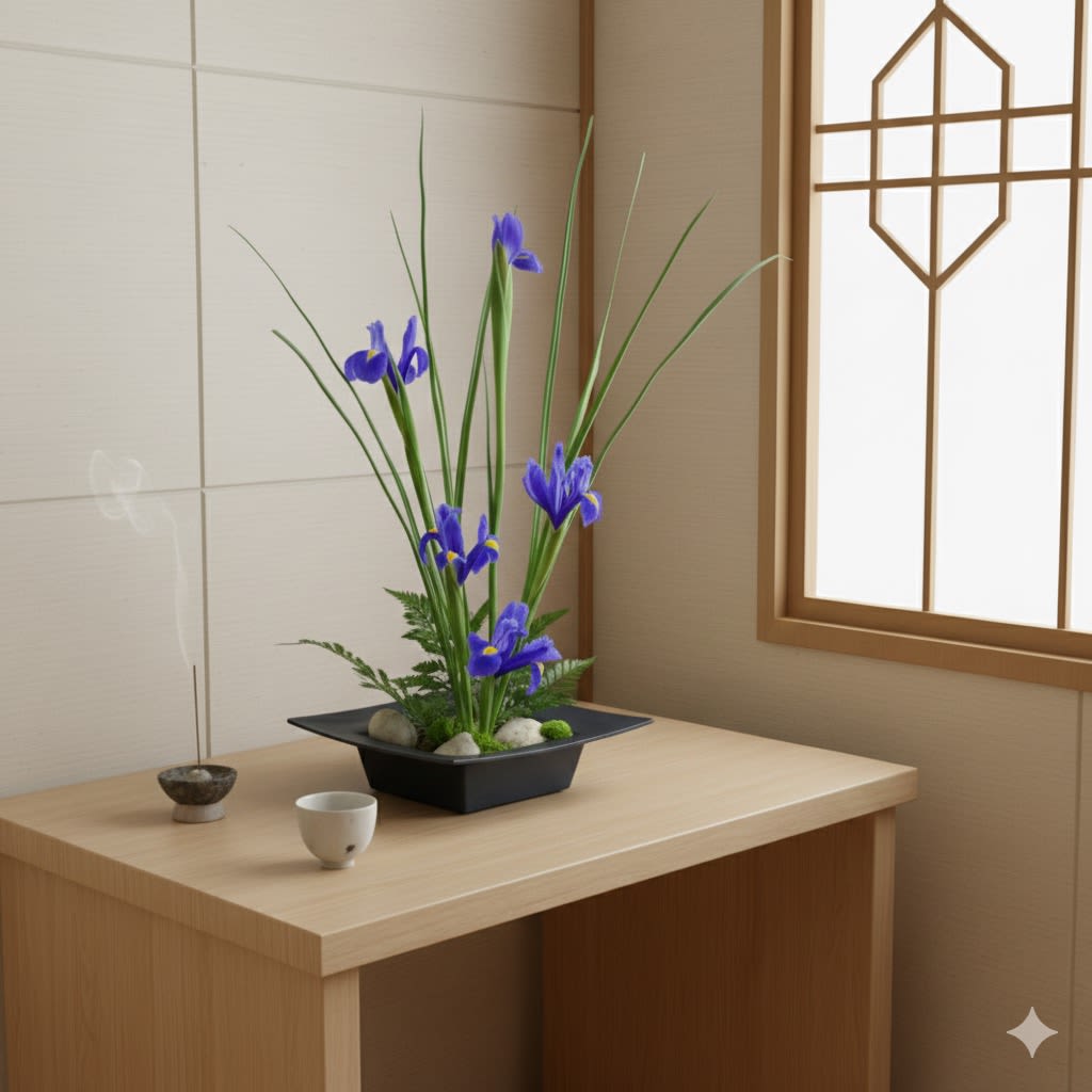 Blue iris arrangement in a black square bowl on a wooden table