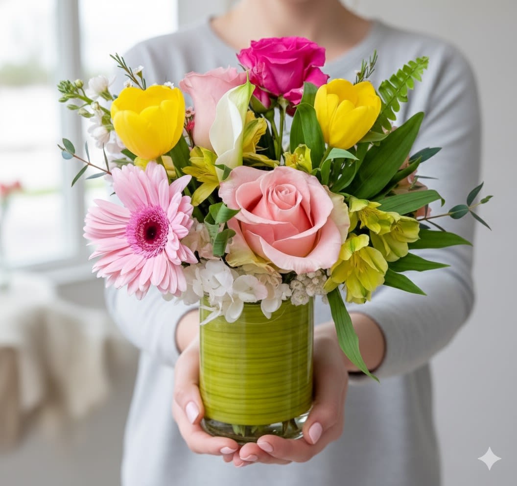 Mixed bouquet of pink, yellow, and white flowers in a green glass vase