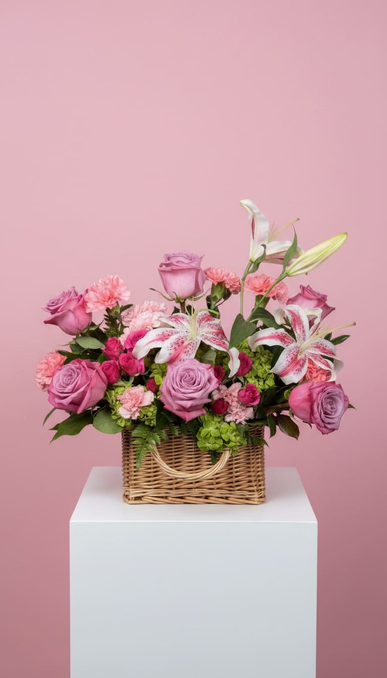 Lavender Daydream - Lavender Daydream greets the recipient with a soft, romantic palette-lavender and pink roses paired with pink carnations and white-and-pink lilies-perfect as a birthday bouquet, Mother's Day gift, anniversary surprise, or a gentle thinking-of-you arrangement. The combination reads feminine and cheerful, the lavender tones lending a dreamy calm while the white accents brighten the composition so the person you're sending it to feels truly celebrated.  Arranged in a rectangular wicker basket, this floral arrangement layers clusters of green hydrangea for volume and texture beneath the roses, carnations, and lilies, creating a lush, substantial centerpiece that still feels casually hand-delivered. 