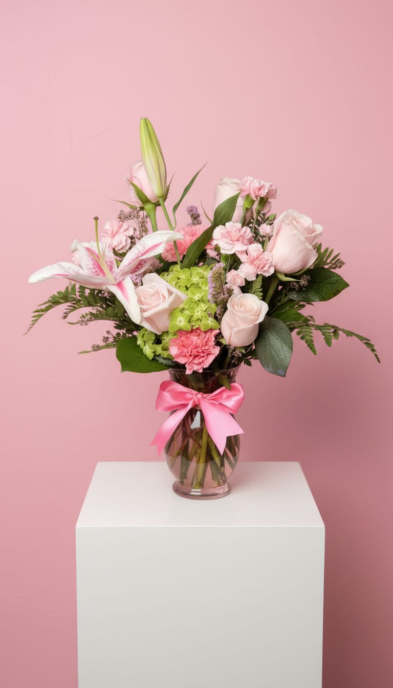 Blushing Belle - Soft pale pink roses and fragrant white lilies create an immediate impression of gentle romance-perfect for a birthday bouquet, anniversary flowers, or a Mother's Day arrangement that feels personally chosen for them.   Ideal for moms, partners, or friends marking a special day, this arrangement sends a message of affection and thoughtful celebration. Vase included; to keep blooms fresh, trim stems and change water every 2-3 days and remove any wilted foliage as needed.