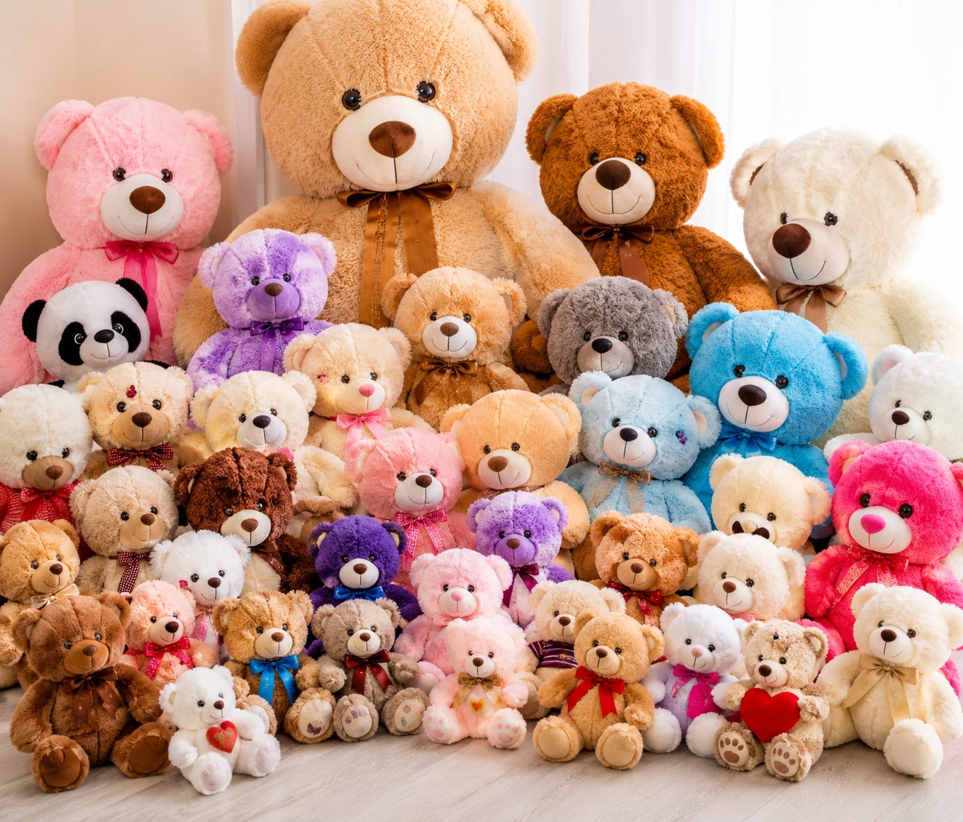 Teddy bears - A whimsical tower of plush charm that says "you're loved" the moment the recipient sees it - this gift-oriented teddy bear arrangement is perfect for anniversary surprises, baby showers, get-well cheer, or any celebration where affection matters. The grouped display reads like a cuddly parade, making it an ideal birthday or children's gift that delivers warmth and delight as soon as it's placed in the room.  This arrangement features multiple sizes of teddy bears arranged from large, seated bears in back to small, seated bears up front, in a soft palette of pink, cream, brown, blue, purple, and gray. Several bears wear satin bows and hold heart-shaped plush accents; the set also includes a stuffed panda for a playful contrast. The overall look is cheerful and tactile - lots of soft fur, satin sheen, and heart details that catch the eye.  Choose this for the person you want to make feel truly seen and hugged, whether welcoming a new baby, marking an anniversary, or brightening a sick day. Because this is a keepsake plush display rather than fresh flowers, it arrives ready to enjoy and requires no care beyond a gentle spot clean if needed; sizing is layered by bear size from large back pieces to small front pieces for an impressive tabletop or nursery centerpiece.