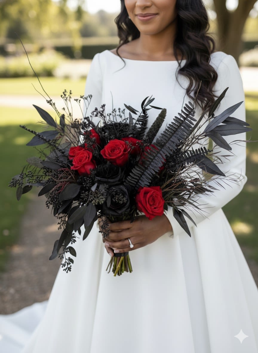 Bride holding a bouquet of red and black roses