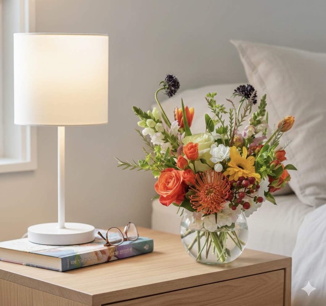 Mixed bouquet in a clear glass vase on a bedside table