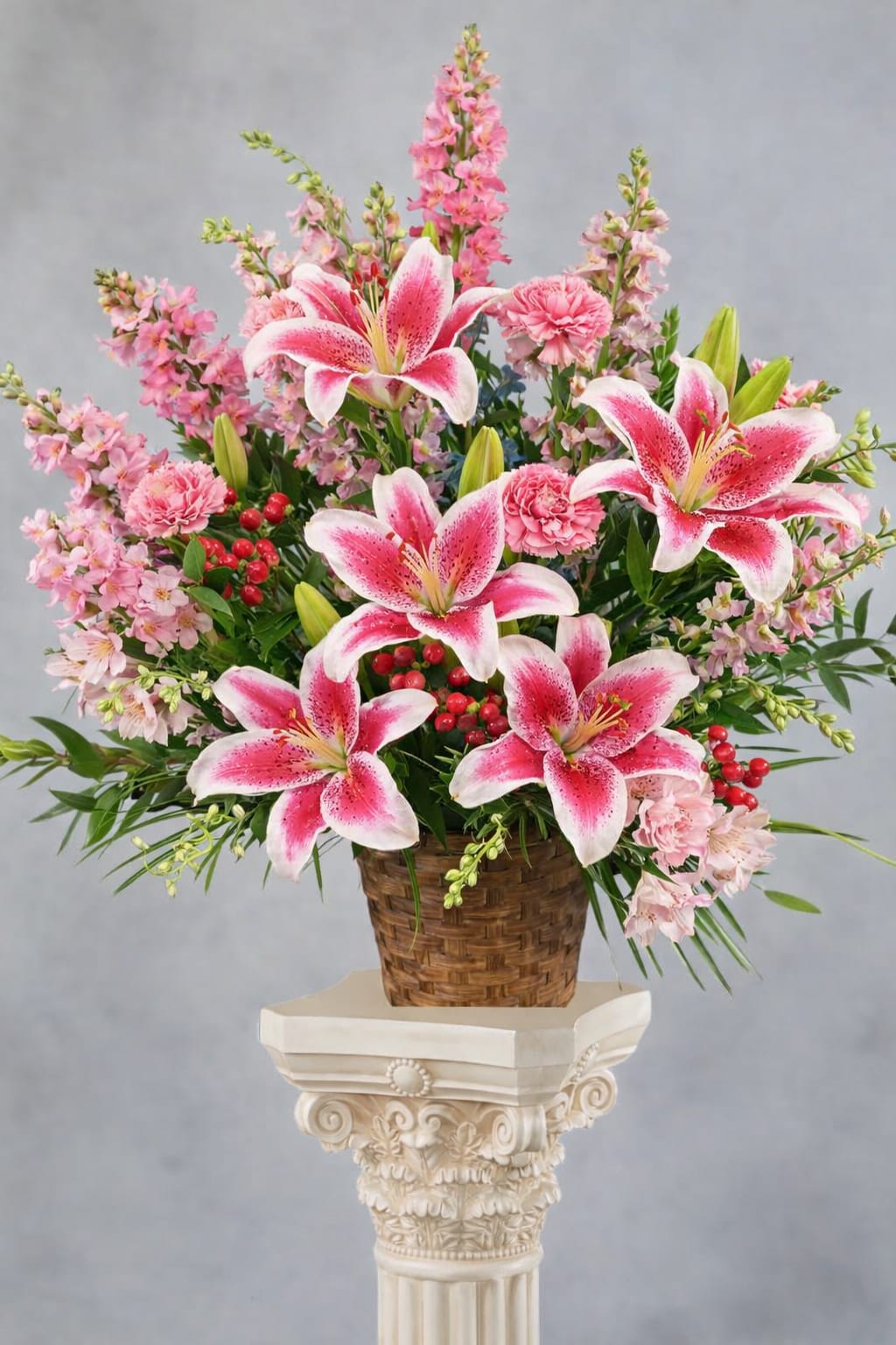 Stargaze serenity  - Large pink-and-white lilies take center stage in this flower arrangement, creating an elegant birthday bouquet or anniversary centerpiece that reads romantic and celebratory from across the room. The upright, formal composition is ideal for Mother's Day, a springtime surprise, or any moment you want the person you're thinking of to feel cherished-the lilies' dramatic blooms and soft perfume make her feel truly seen.  Surrounding the lilies are clusters of pink carnations and delicate pale-pink filler blooms, with bright red berry accents that add a rich contrast against fresh green foliage. The display sits in a woven wicker basket atop a small pedestal stand, giving the piece a handcrafted, decorative presence that works equally well on a mantel, dining table, or entry console. The balanced, symmetrical spread is full without being fussy, and the pink, white, red, and green palette reads both festive and tender.  This arrangement is designed to be a ready-to-gift statement-perfect for celebrations, romantic gestures, or spring décor. To keep blooms looking their best, place in a cool spot out of direct sun and refresh the water regularly; sizing and exact flower counts vary by availability, and our florists will hand-arrange each wicker basket to preserve the photo's full, upright presentation.