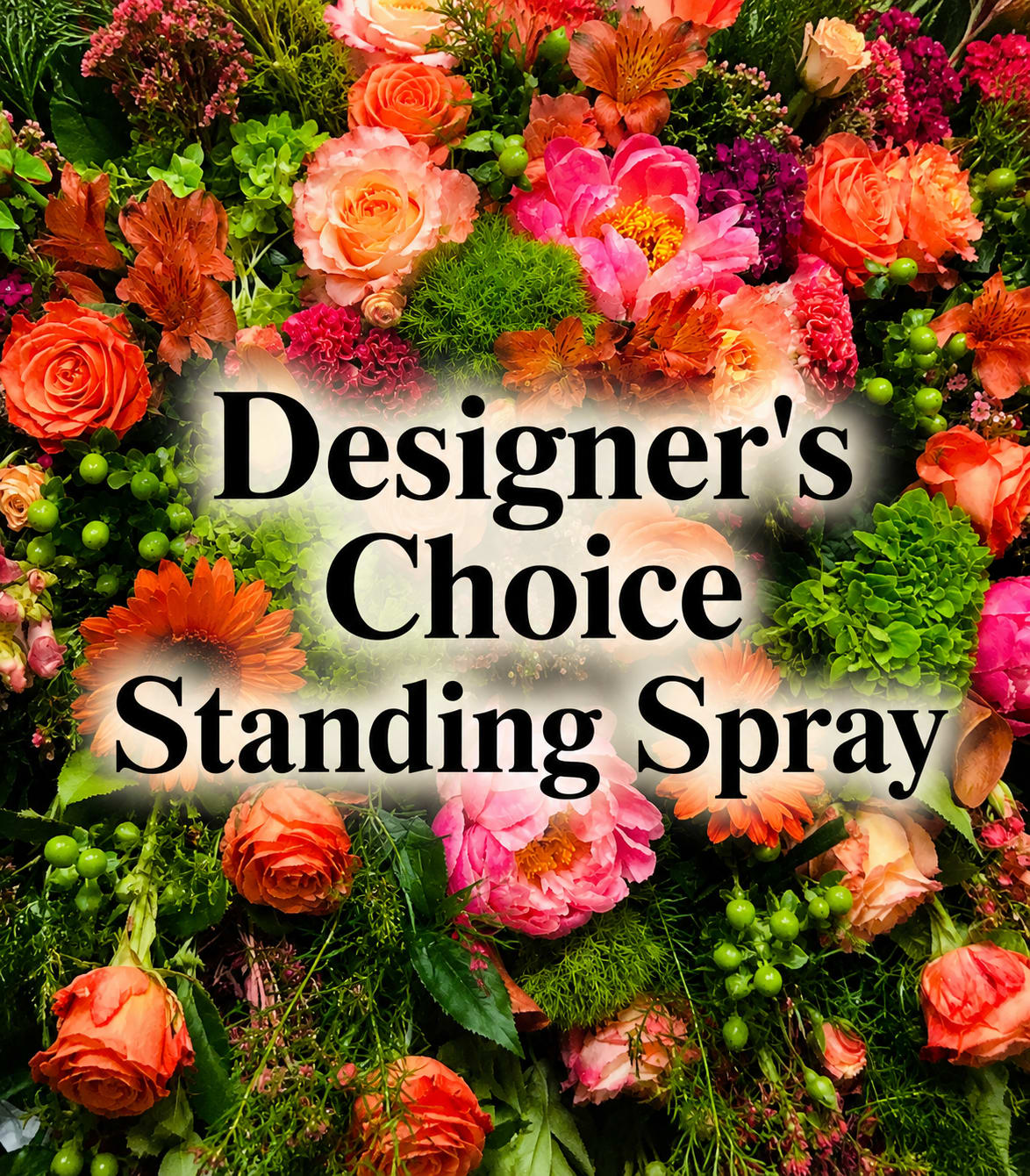Colorful Tribute Standing Spray - A lush, layered standing spray designed to convey heartfelt sympathy with a garden-style fullness and formal presence. This sympathy standing spray is arranged in a dense, textured composition that reads as both celebratory of a life and respectfully composed for a memorial service - the kind of tribute that helps the person you're honoring feel seen and remembered.  The spray features a variety of premium blooms, ruffled filler blossoms, textured greenery, and small berry-like accents for visual depth and softness. It arrives ready for display on an easel in a full, overlaid designer's choice format that emphasizes height and structure while maintaining a fresh, natural silhouette.  Appropriate for a funeral or memorial service, this standing spray offers a meaningful way to express sympathy and support for grieving family and friends. Available in multiple sizes as shown at checkout; please include any personalization or delivery notes when ordering so our designers can honor your intentions.