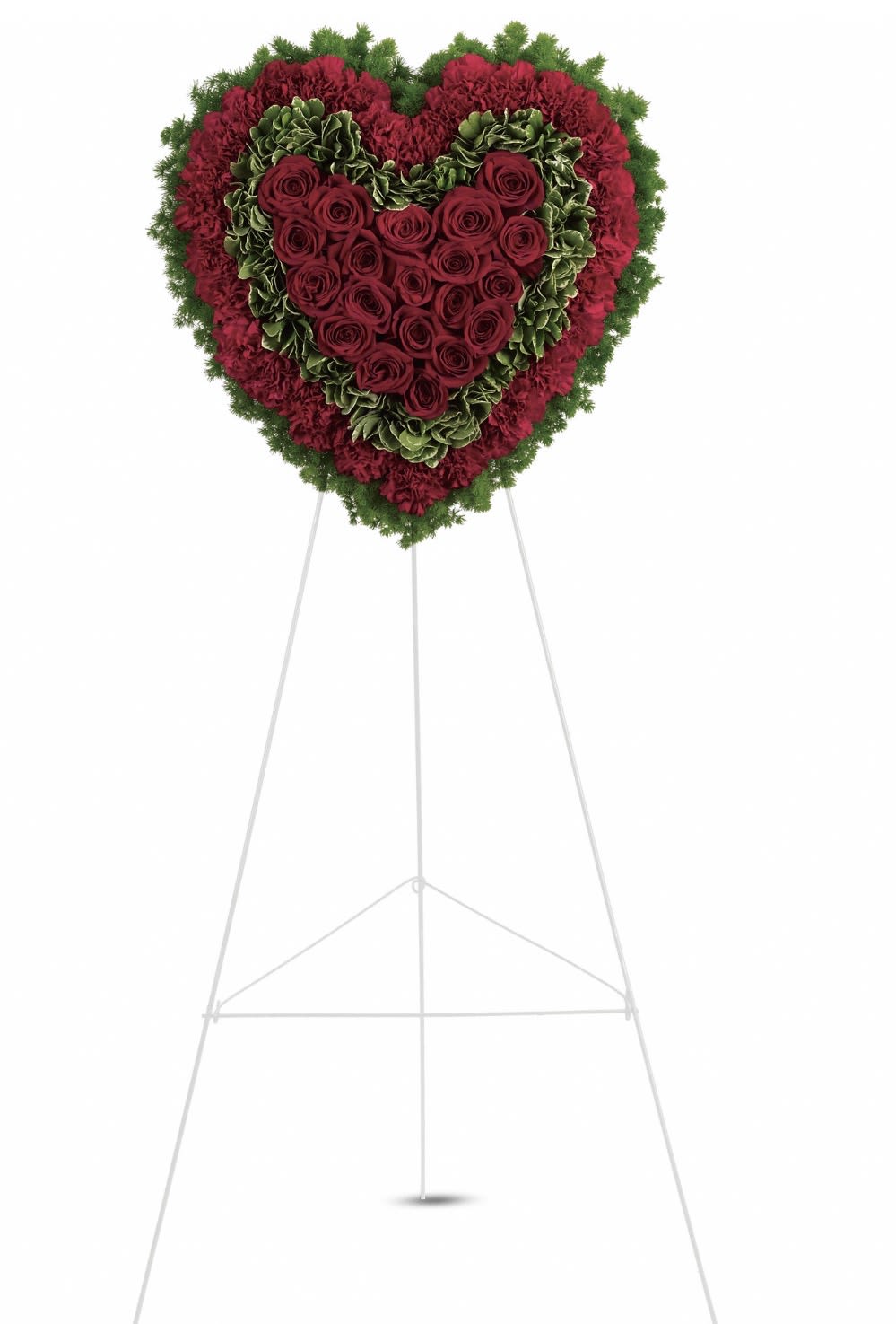 Majestic Heart - A heart-shaped standing spray of deep red roses and carnations that speaks with quiet dignity - perfect as a sympathy arrangement or for a funeral tribute. The central cluster of rich red roses creates an immediate focal point, while the surrounding red carnations add fullness and texture, giving the piece a formal, romantic silhouette that honors the person you're remembering.  A green ruffled border frames the heart, its cool foliage contrast sharpening the red blooms and lending a classic, solemn finish. Arranged densely and symmetrically on a sturdy metal easel, the tribute stands with presence and balance at approximately standard standing spray size. This is an elegant way to express love and remembrance - suitable for viewing at a service or graveside; water source and simple care are handled by our team to keep the flowers looking their best through the occasion.