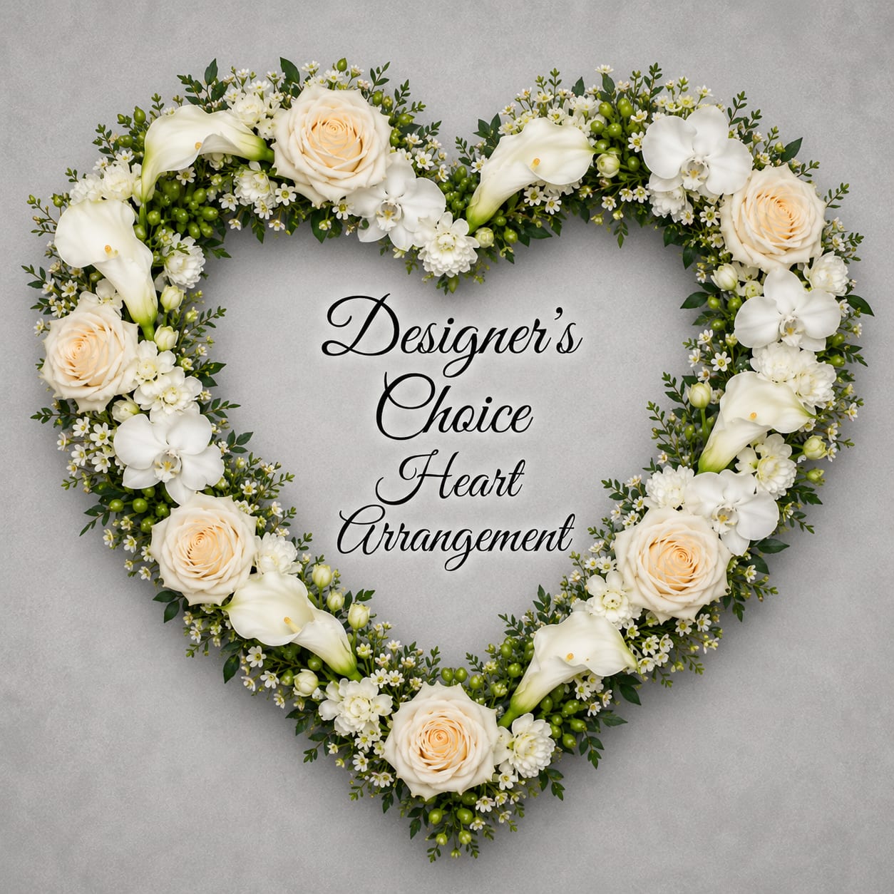 Sacred White Heart Arrangement  - A heart-shaped arrangement in soft whites and fresh greens, designed to convey gentle comfort and timeless elegance for sympathy or a heartfelt tribute. The creamy, symmetrical composition reads as formal and reverent, making it appropriate for memorial services, a graveside tribute, or to send your condolences to someone grieving.  This compact heart features a dense, low profile with pale centers that add a whisper of warmth and bright green berries around the edge for subtle contrast. It's crafted to maintain its shape during transport and display; sizing and delivery options are available at checkout to ensure it fits the service or space where it will be placed.
