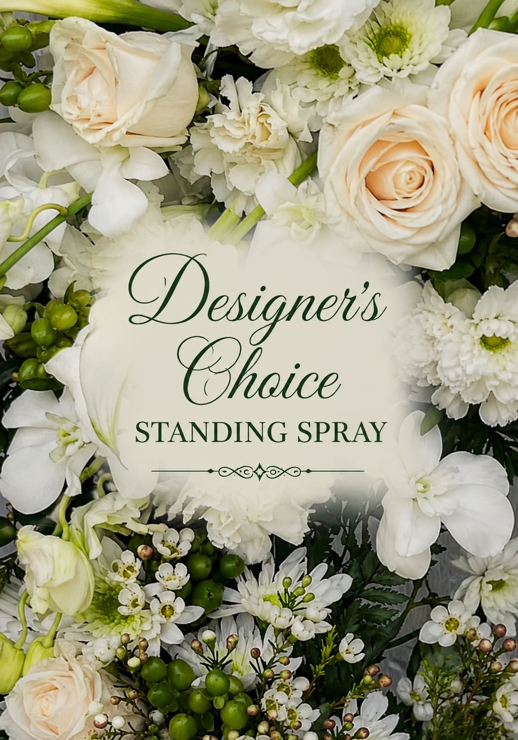 Sacred White Tribute Standing Spray - A serene standing spray designed for sympathy and memorial services, crafted to offer quiet comfort and respectful presence. The arrangement's pale whites and soft creams create a calming visual that helps the person you're honoring feel remembered and cherished; this arrangement works well for funerals, memorials, or to send condolences to a grieving family.  Soft cream-centered blooms, ruffled petals, and full pom-style blossoms are arranged with small green berry accents and delicate white filler for gentle texture and contrast. The piece includes a floral card sign and is presented on a classic standing easel for easy display at services; the design is florist-selected to suit the tone of the tribute and may vary slightly by season to ensure the freshest, most appropriate blooms.  This spray conveys a message of sympathy and steady support-an understated, dignified choice to mark a life and offer comfort to those left behind. If you have special wording for the card or need delivery timed for a service, please include those details when ordering.
