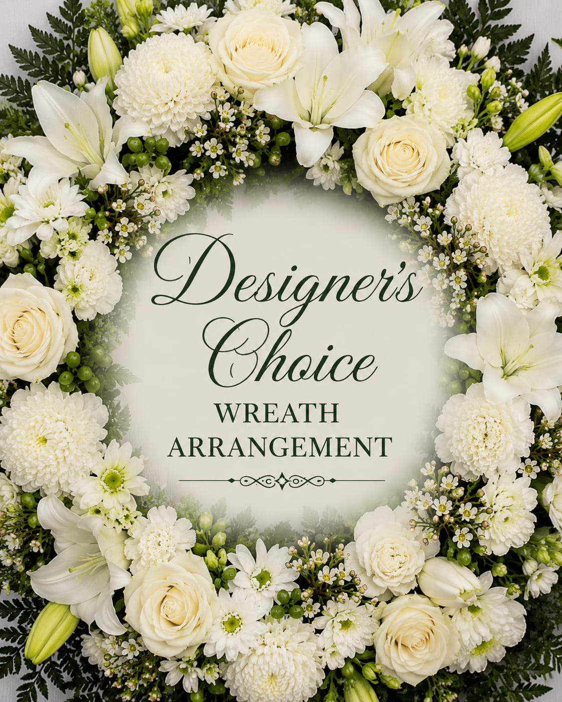 Sacred White Tribute Wreath - A circular white wreath with layered cream and white blooms and soft green accents creates a calm, formal presentation that feels both elegant and comforting - ideal as a tribute arrangement or for a memorial display. The restrained palette of whites and greens gives the recipient a sense of peace and quiet respect, making it appropriate for honoring a loved one or marking a solemn occasion.  This full, sculpted wreath features a dense, textured design with small filler blooms and berry-like greenery woven throughout for depth and visual interest. Sized to make a gentle statement without overwhelming, it arrives ready to place on an easel or flat surface; ask us about delivery and placement options to ensure it suits your service or display.