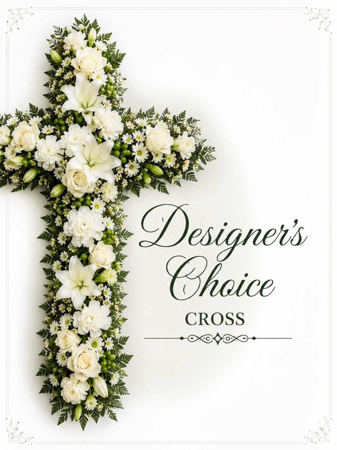 Sacred White Tribute Cross - A graceful upright cross crafted in serene whites and deep greens, arranged for a memorial or sympathy service that conveys reverence and calm. The devotional shape and soft palette make this tribute appropriate for a church service, graveside farewell, or to send a peaceful message to the family of someone you love.  Dense, layered blooms and small daisy-like accents form a textured, substantial surface set against dark, formal greenery with soft green berries and foliage highlights. The composition is designed to stand with dignity and presence at a service; sizes and delivery options are available at checkout to suit chapel stands or graveside placement.