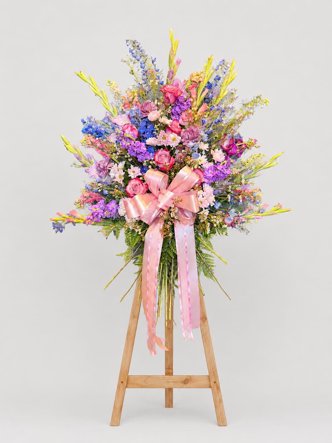 Whispering Meadows Tribute - Pastel pink roses and airy daisy-like blooms form a gentle, uplifting statement in this standing spray-perfect as a sympathy tribute, celebration piece, or springtime event floral. The tall, symmetrical silhouette and soft palette of pink, purple, blue, and yellow create a bright, comforting presence that will make the person you're honoring feel seen and celebrated.  This arrangement combines rose-style focal flowers with daisy accents and long, spiky snapdragons for height and texture, creating a full, festive look. A large pink satin ribbon is tied at the center for a refined finish, and the spray is arranged on a sturdy wooden easel for prominent display. Ideal for memorial services, congratulatory events, or any occasion calling for a cheerful, formal floral statement-sized to stand tall and be noticed, with care handled by our team to arrive ready to display.