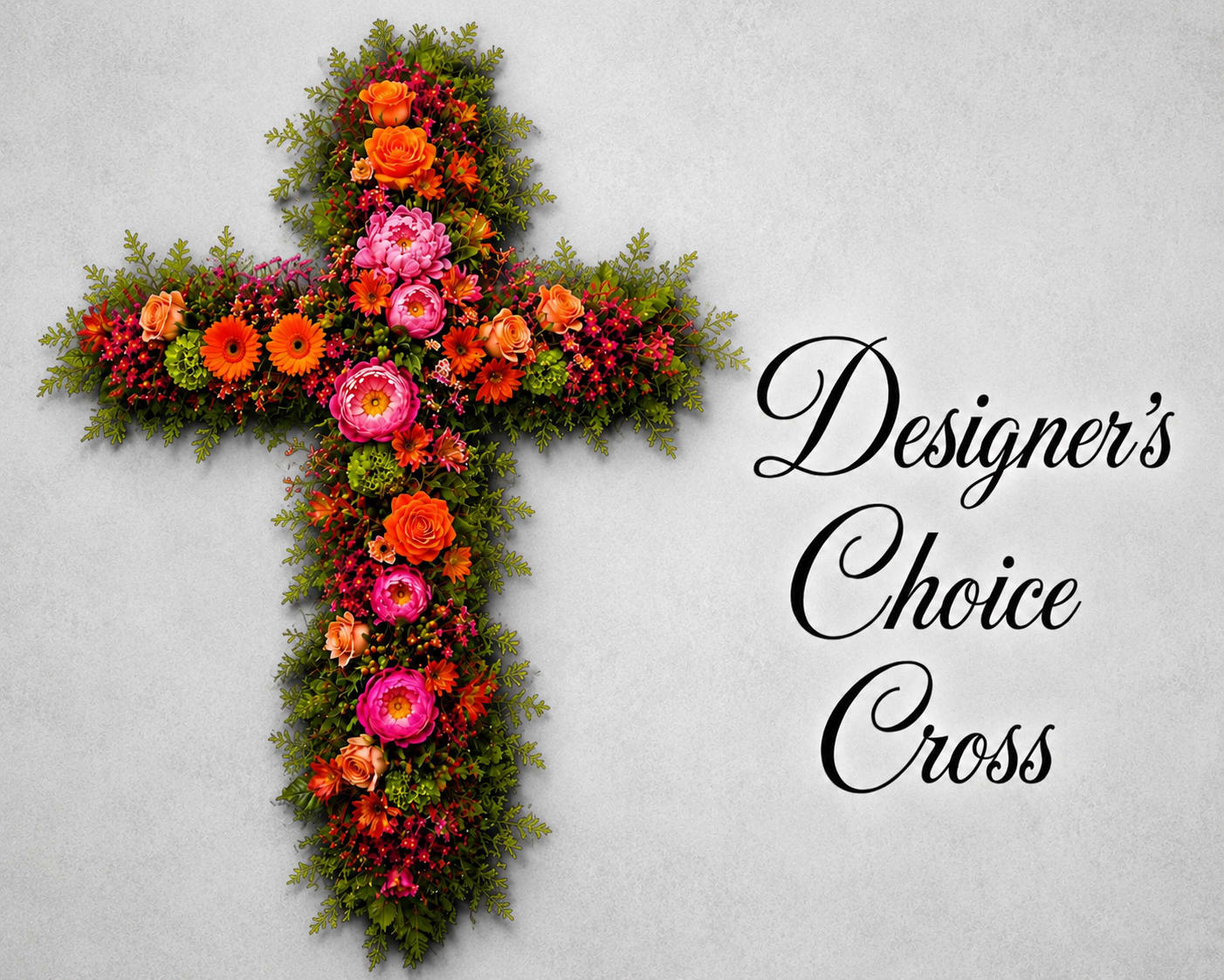 Colorful Cross - A vivid cross-shaped sympathy arrangement that balances reverence with joyful remembrance for memorial services or a graveside tribute. This devotional design-brilliant in mixed color with prominent pink, orange, and red tones-reads clearly from a distance and offers a warm, celebratory presence while honoring faith and memory.  Densely covered in bright blooms layered over a full green base, the composition creates a bold, textured surface where orange and pink hues pop against rich foliage and red accents add depth. The formal cross silhouette feels respectful and comforting, yet the lively color mix ensures the person you're remembering is celebrated with warmth.  Ideal for a church tribute, memorial service, or standing spray at a graveside, this arrangement conveys devotion and heartfelt remembrance. Sizes and delivery options are available at checkout; to keep the flowers looking their best, place the piece in a cool location out of direct sun until service time.