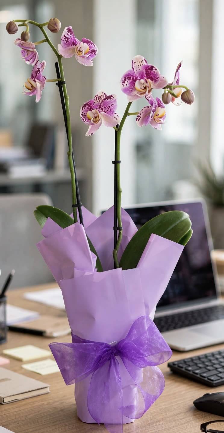  Double Stem Purple Phalaenopsis Orchid in Clear Cube Vase Plant | Same-Day Orange County Delivery -  Bring timeless elegance to any space with our beautiful Double Stem Purple Phalaenopsis Orchid. Featuring vibrant purple blooms with delicate speckled petals, this stunning orchid is artfully arranged in a square clear glass vase and finished with a stylish wrap and coordinating ribbon for a sophisticated presentation. Perfect for birthdays, anniversaries, thank-you gifts, sympathy, housewarmings, or simply adding a touch of natural beauty to a home or office.  Product Details:  Double stem Phalaenopsis orchid Vibrant purple blooms with unopened buds for extended enjoyment Planted in a modern glass cube planter Elegantly wrapped with a decorative ribbon Long-lasting blooms with proper care Approximate height: 17-19 inches (may vary naturally)   