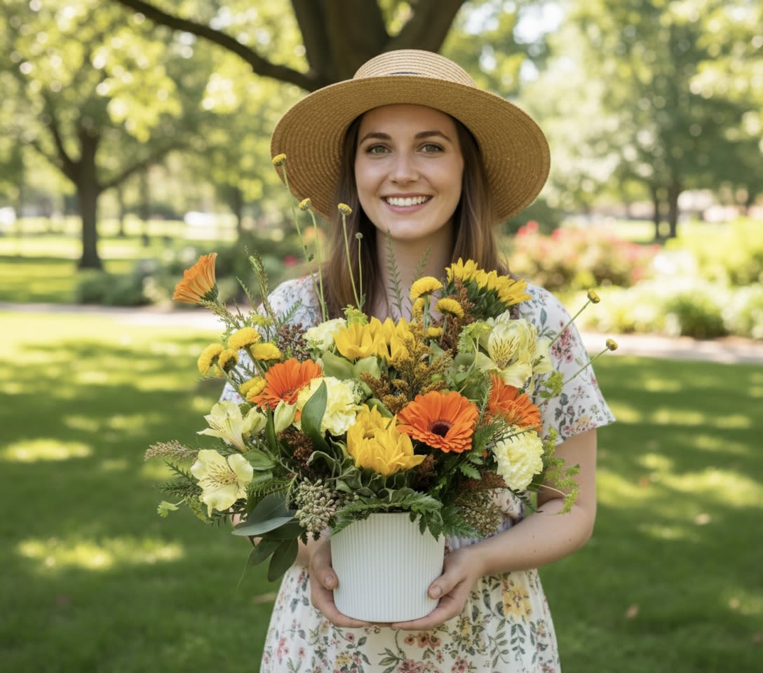 Woman holding a white pot of yellow and orange flowers