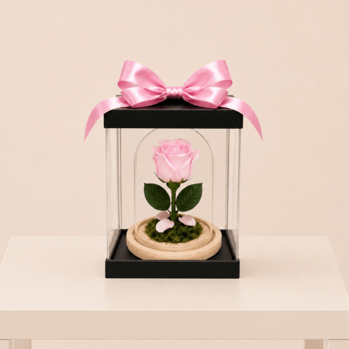 Forever Rose – Soft Pink (Height: 6.69 ") - A real Ecuadorian rose, professionally preserved to remain fresh and beautiful for over a year. Elegantly displayed under a clear glass dome on a natural wooden base and finished with a delicate cream ribbon, this timeless piece captures grace and lasting affection.  Measuring approximately 6.7 inches tall, this maintenance-free floral keepsake offers a refined and subtle expression of love—perfect for meaningful and unforgettable moments.  Each piece is Designer’s Choice. Rose size and tones may vary slightly based on availability while preserving the overall look, quality, and presentation.  Perfect for Valentine’s Day, anniversaries, birthdays, romantic gestures, thinking of you, Mother’s Day, or a heartfelt “just because” gift.  Available for delivery in Southwest Florida, including Naples, Bonita Springs, and Fort Myers Beach.