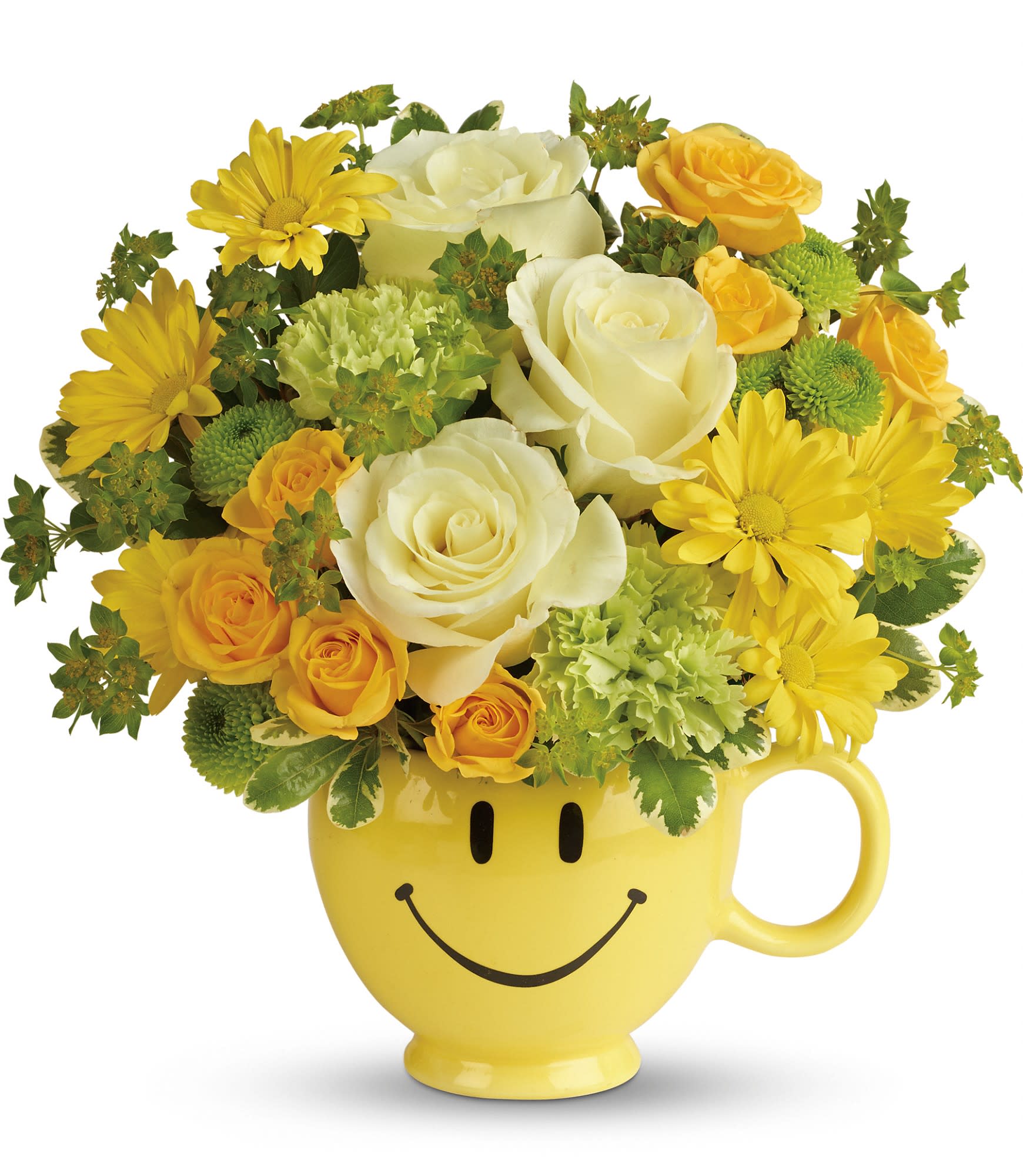 Yellow smiley-face mug filled with yellow and white flowers