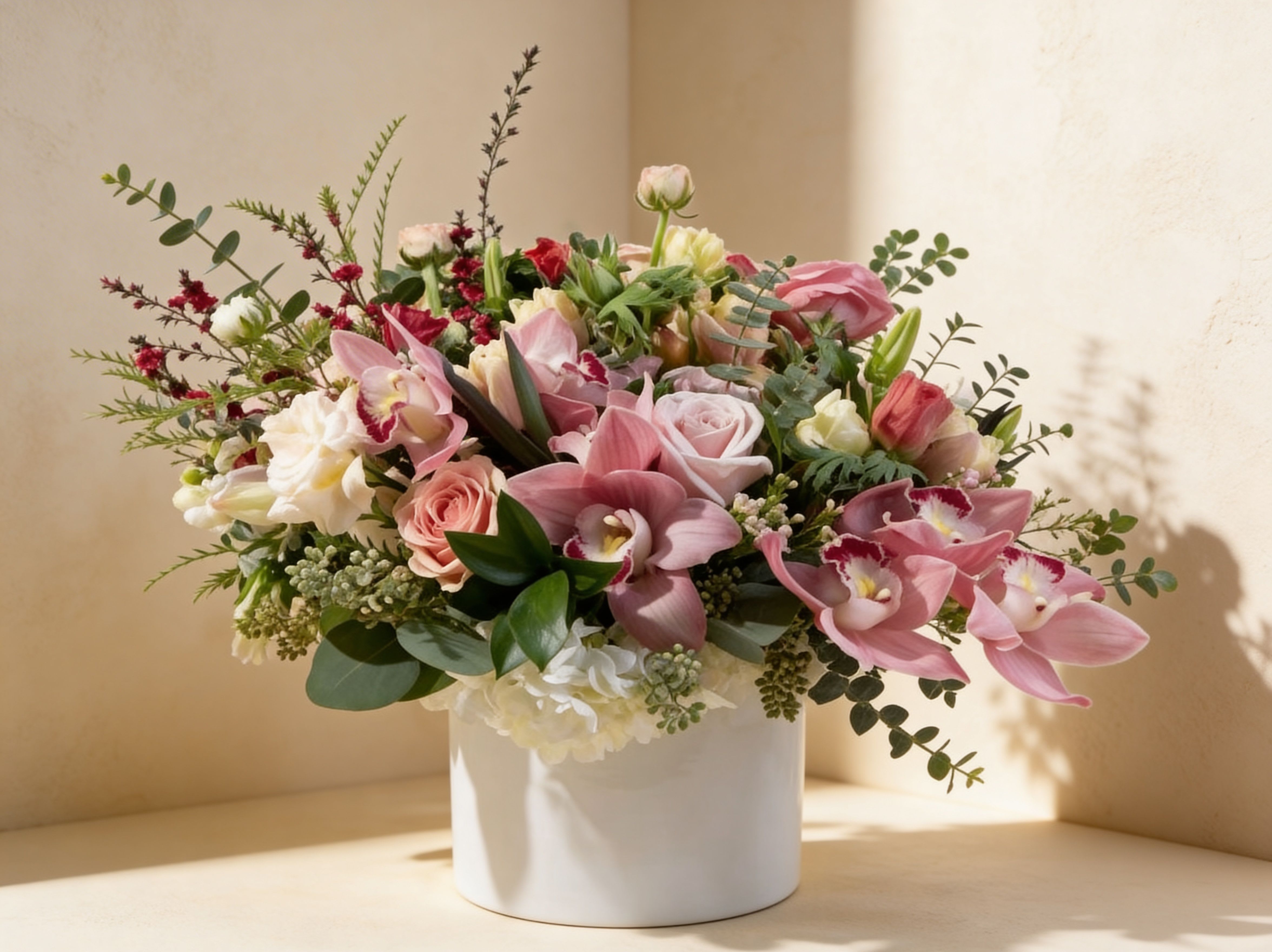 Low arrangement of pink orchids and roses with white and peach blooms in a white ceramic cylinder vase