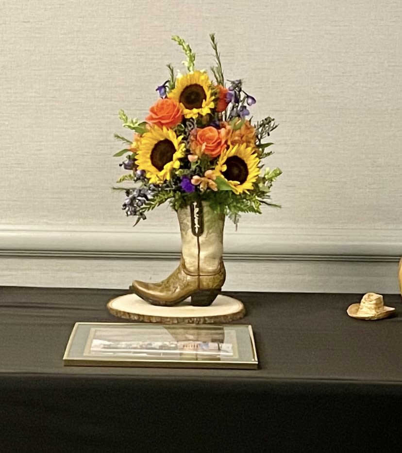 Sophia's Sunflower Rose Boot - Brighten up anyone's day with our Sunflower Roses Boot. A beautiful mix of sunflowers, roses and accent flowers.