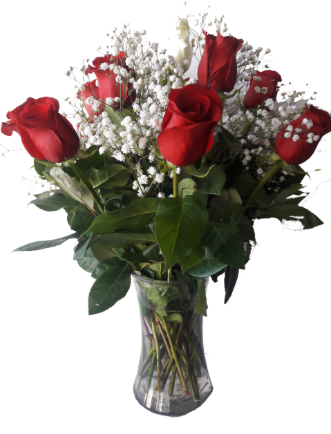 Red roses with white baby's breath in a clear glass vase