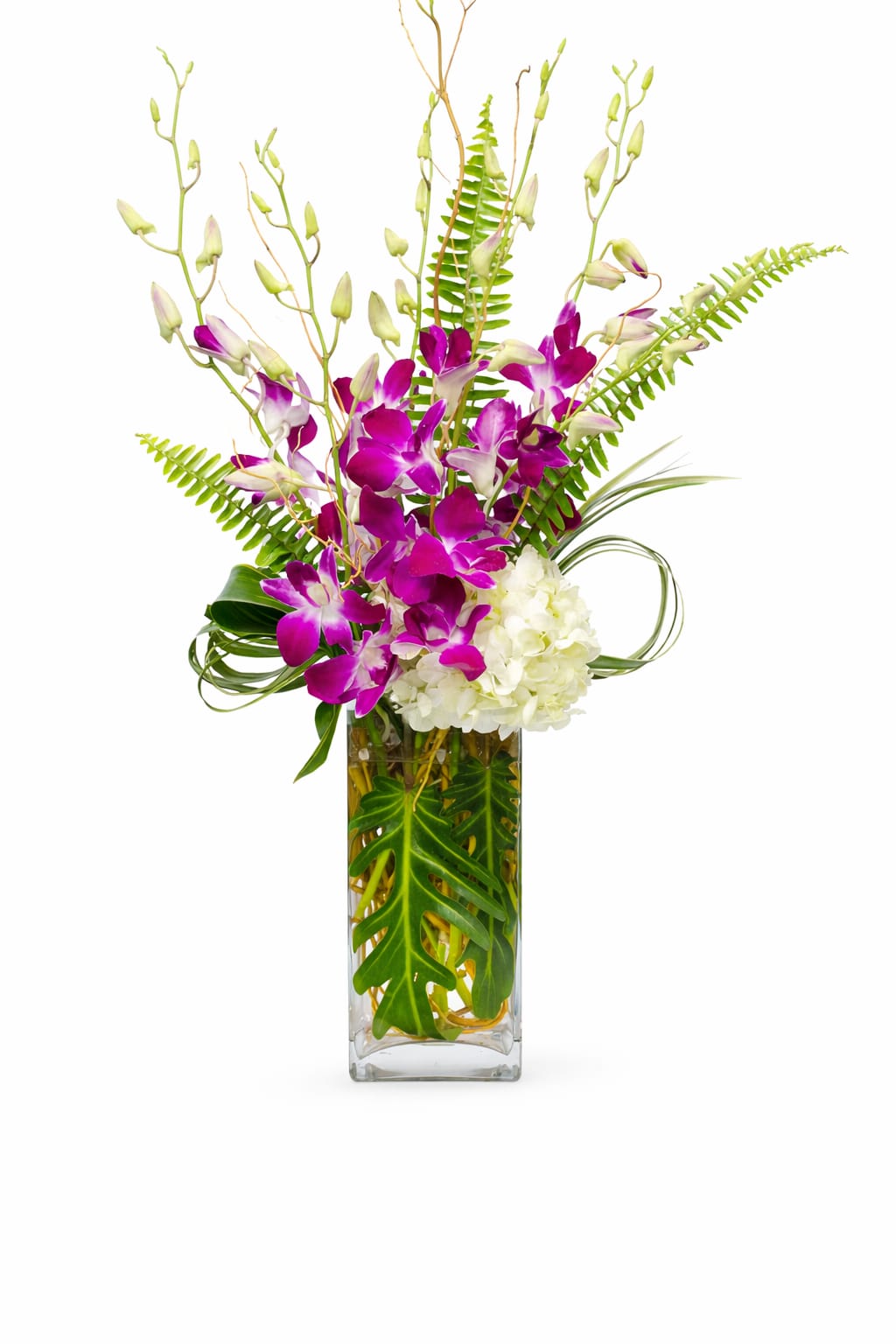 Purple orchids in a tall glass vase with white hydrangea and tropical leaves