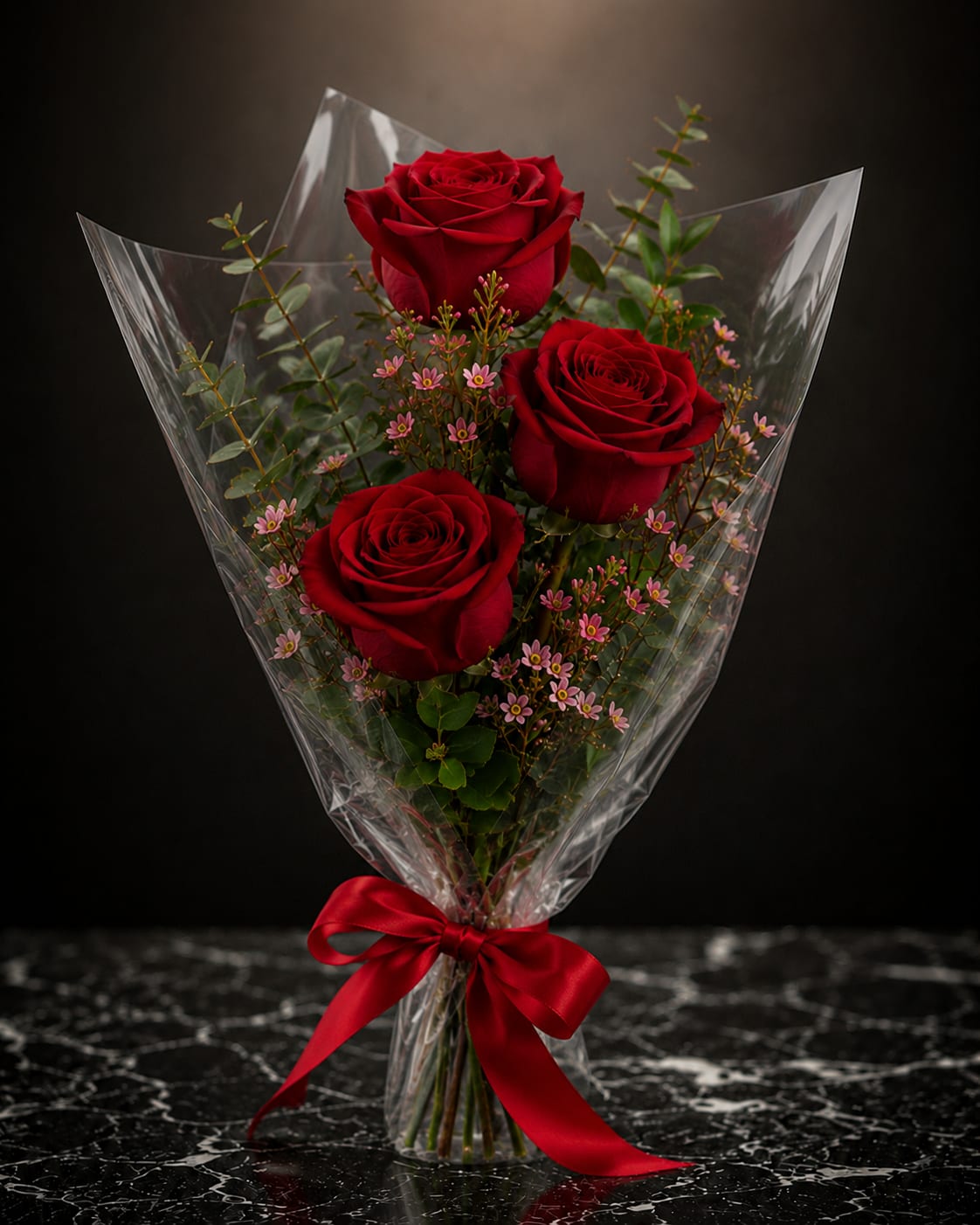 Three Heartbeats  - Three deep red roses stand upright at the heart of this romantic bouquet, surrounded by delicate pink filler blossoms and airy greenery for a soft, textured contrast - a perfect choice for a Valentine's Day bouquet, anniversary roses, or any love-and-romance gift that needs to feel classic and heartfelt. The clear cellophane wrap gives a crisp, glossy presentation so the rich red and blushing pink read boldly, while the red satin ribbon at the base adds a formal, gift-ready flourish that makes the recipient feel truly celebrated.  The arrangement's palette of red, pink and fresh green keeps the focus on the roses' velvety petals and the light, feathery greens that lift the composition. Presented in clear plastic wrap with a red satin bow, this polished hand-tied bouquet ships ready to present; ideal for surprising a partner, marking an anniversary, or saying "I love you" with confidence. For best enjoyment, keep flowers in fresh water and away from direct heat to extend their vase life.