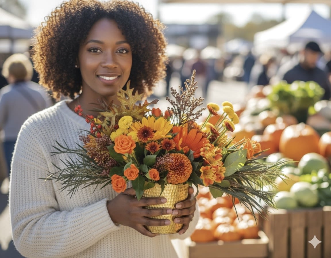 Woman holding an autumn bouquet in a woven basket