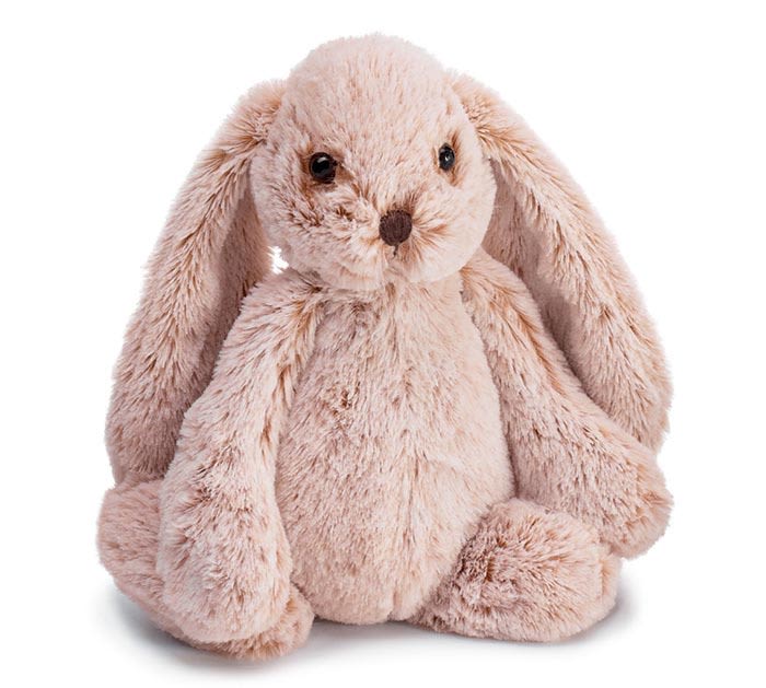 Floppy Bunny with seasonal bow - Plush beige bunny with a brown stitched nose. The bunny has long floppy ears, big feet, and a round bunny tail with a seasonal bow  12"H X 10"W X 6"D 10"H sitting