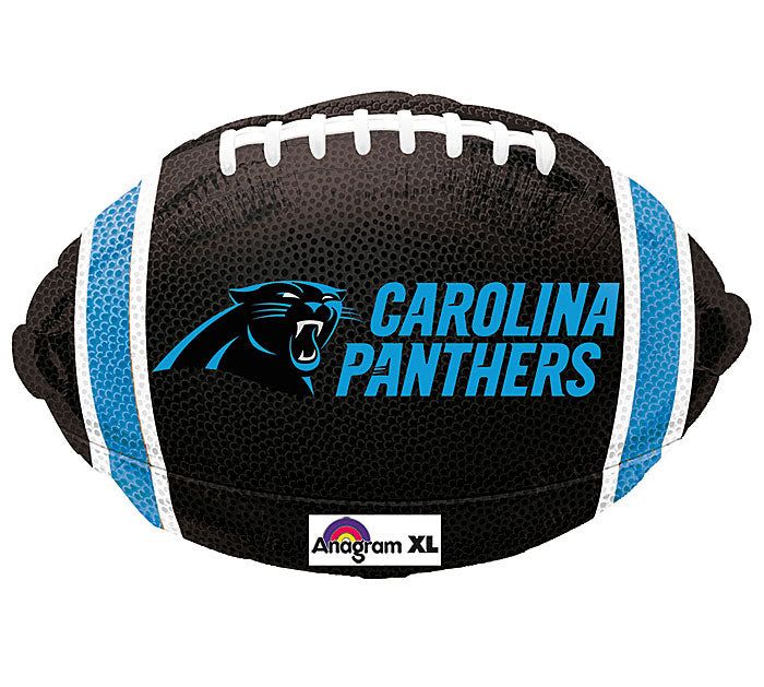 18" Carolina Panthers Football Mylar - A bold, game-day accent that cheers on Panthers pride - this 18" Carolina Panthers football-shaped foil balloon brings black, bright blue, and white team colors to any sports-themed celebration or gift. Ideal for birthday parties, tailgates, or to congratulate the fan who lives and breathes football, this licensed foil balloon reads clearly at a distance and adds instant team spirit to bouquets or party displays.  The balloon features a striking black field with vivid blue and clean white accents and the official Panthers logo and team name, creating a high-contrast, sporty look. Sized at 18 inches, it pairs perfectly with floral arrangements, gift baskets, or solo as a celebratory topper; the durable foil construction holds helium well for long-lasting display.  Send this to the Panthers fan you're celebrating to make them feel seen and cheered on - it's a festive, unmistakable way to mark game day, a birthday, or any victory. Inflate with helium for best results and secure with a ribbon or weight when used in arrangements or as party décor.