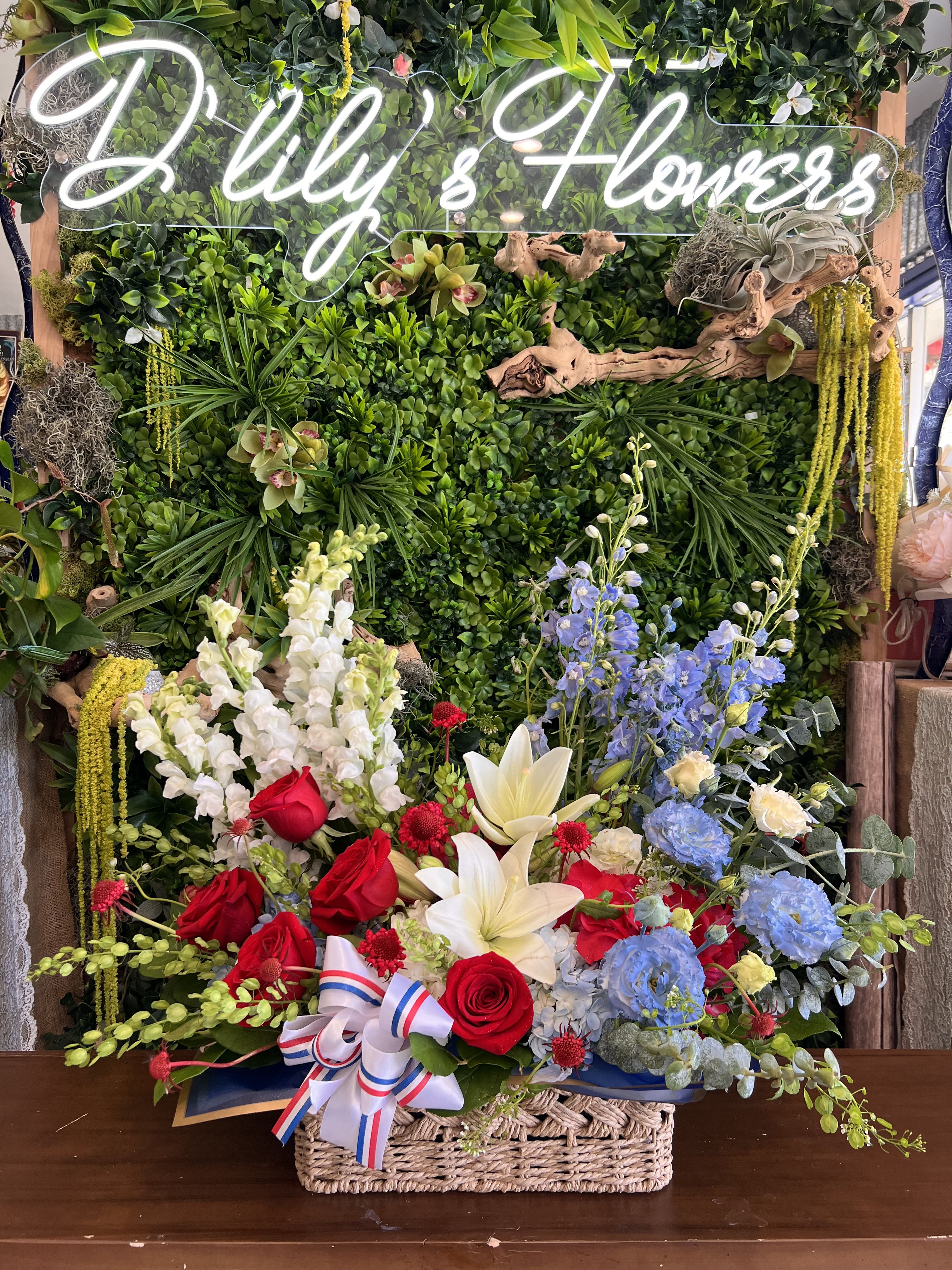 4th of July Basket Blooms  - A fresh red, white, and blue floral arrangement perfect for Fourth of July celebrations, gatherings, or festive gifting.