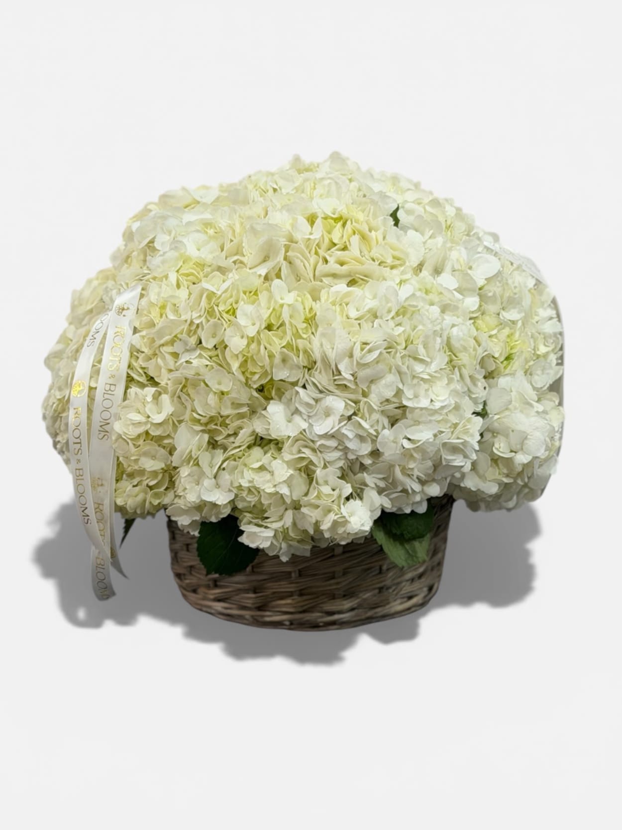 White hydrangea arrangement in a woven basket with a ribbon