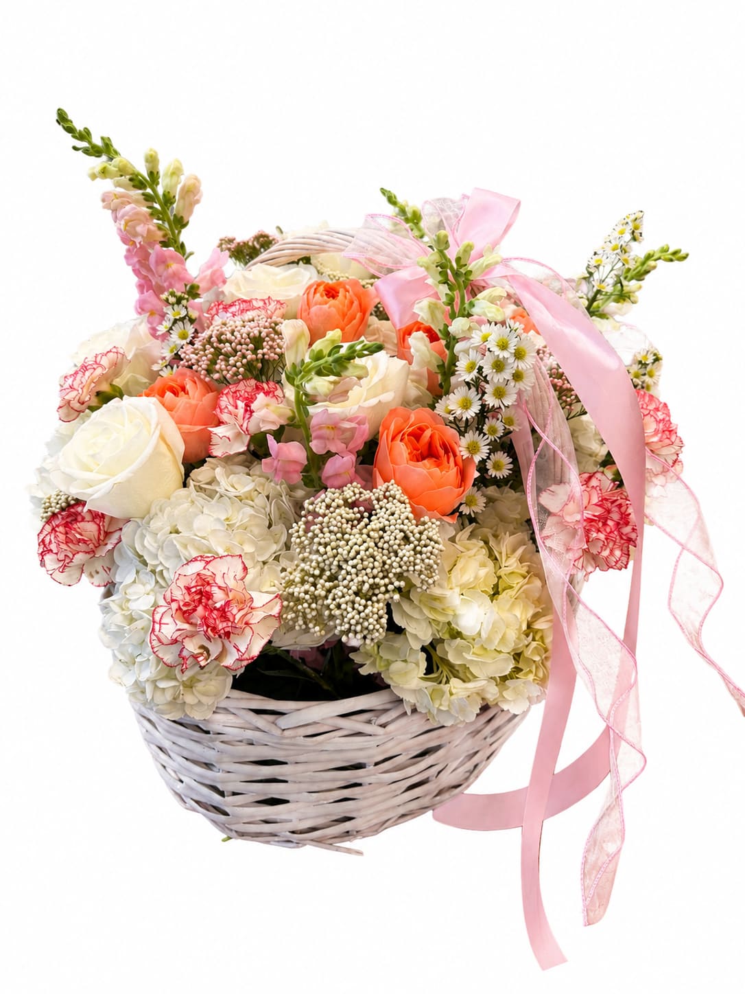 VIP box flowers 3 - Soft pastel blooms fill a white wicker basket in a cheerful, romantic arrangement perfect as a birthday bouquet, thank-you gift, or spring celebration. The arrangement's rounded silhouette and gentle palette of cream, blush, peach, and pale yellow announce warmth and care-the kind of gift that makes the person you're thinking of feel truly celebrated.  Large hydrangea clusters and rose blooms provide a lush, full foundation while snapdragons and small daisy-like flowers add vertical texture and a fresh, airy feel. Red-edged carnations introduce a playful pop of color against the softer tones. Finished with a pink sheer ribbon and a neat bow, the piece reads like an elegant hand-tied bouquet presented in a crisp white wicker basket.  This arrangement suits everyday gifting as well as special moments-send it to mark a milestone, brighten someone's day, or say thank you with style. Care is simple: keep the foam or vase moist, place away from direct heat and drafts, and refresh water as needed to prolong vase life.