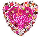 18" I love you Heart Shaped Mylar - A cheerful, heart-shaped mylar balloon that says "I love you" makes a playful, romantic gift for anniversaries, Valentine's Day, or just because - perfect as a single-token surprise or paired with flowers for a more substantial arrangement. The prominent hot-pink heart instantly reads as affectionate and fun, sending a clear message to the person you're thinking of without words beyond the bold white script.  This 18" heart balloon features a bright hot-pink background decorated with scattered polka dots in mixed colors - orange, red, brown and more - giving it a lively, celebratory feel. It ships as a ready-to-display balloon good for tying to a bouquet, gift, or helium weight; its glossy mylar surface catches light and holds helium far longer than latex. Pairing it with a mixed-color floral bouquet turns it into the kind of gift that will make someone feel seen and adored.