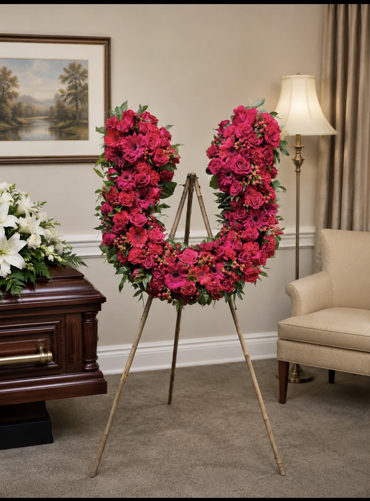 Red Horseshoe Easel - A vivid U-shaped standing tribute, this flower arrangement is a red horseshoe easel designed for memorials and ceremonial displays. The Red roses and gerbera daisies and red carnations create an immediate visual embrace, making the person you're honoring feel warmly remembered and celebrated - an appropriate choice for a funeral, memorial service, or any formal tribute.  Densely packed blooms form the horseshoe shape and are mounted on a sturdy bamboo easel; dark green foliage and small berry accents frame the arrangement for depth and contrast. The saturated red palette reads affectionate and respectful, while the size and horseshoe give a strong, elegant presence that will be visible from a distance.  Choose this standing tribute when you want a meaningful, traditional statement that conveys love and remembrance. Because it arrives on an easel, it's ready to stand beside a casket or at a service; for best presentation, place it where the shape can be seen head-on and keep water picks or floral foam hydrated until the event.