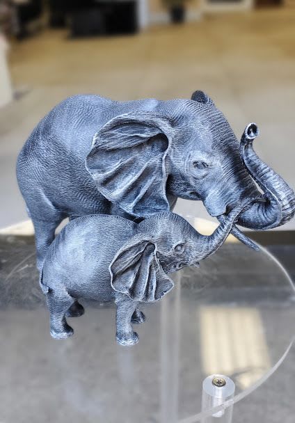 Mummy and Me ( 3D Print ) - Mommy &amp; Me, Two textured gray elephant figurines, larger and smaller with raised trunks-decorative keepsake pair for a gift ( approx. 4'' 10'' )  Exclusively from Petals from Angels