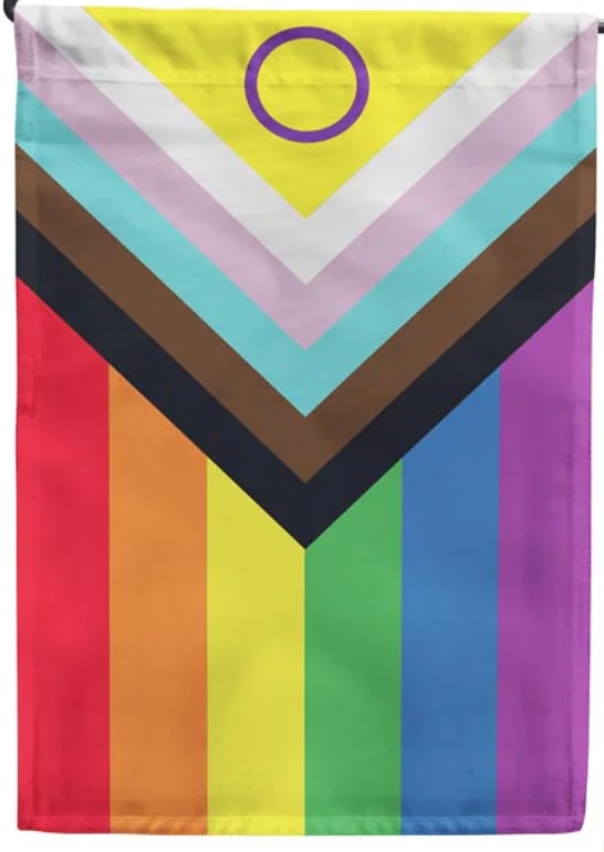 Intersex Progress Pride Garden Flag - Double sided flag.  Weather and fade resistant.  Made with 100% durable polyester and double stitched edges to reduce fraying.  * Standard is Flag ONLY; Deluxe is Flag and Flag Pole together