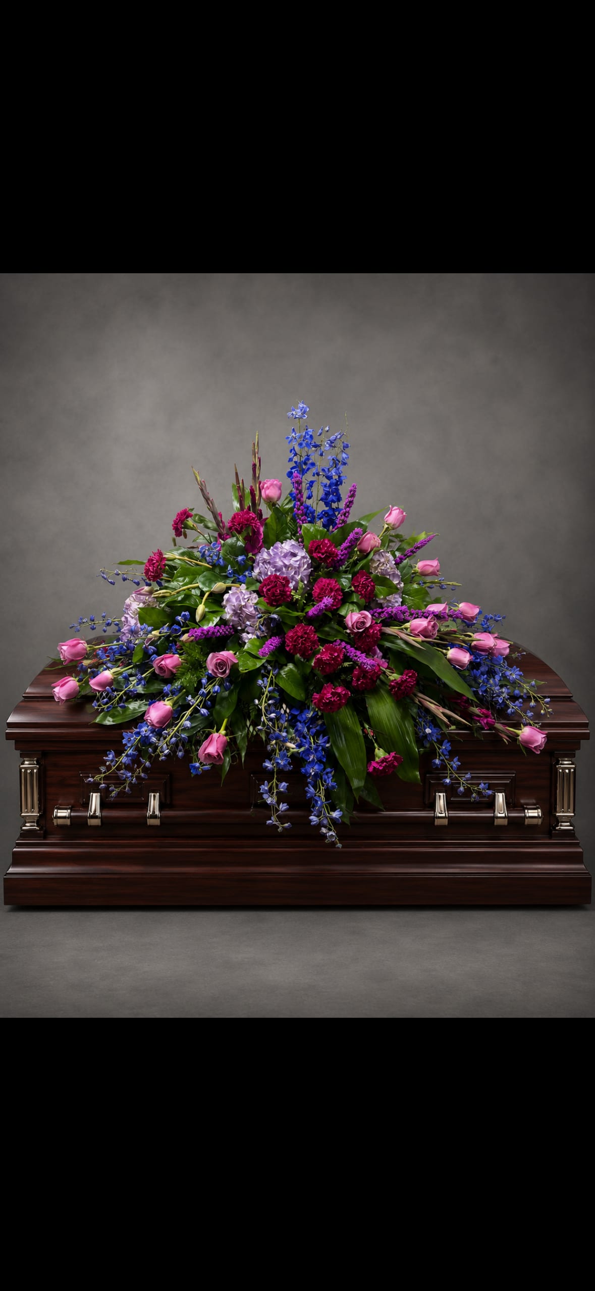 Purple and Blue Casket Spray - A broad, low casket spray that lays gently across the top of the casket, this arrangement brings a dignified splash of color to a funeral or memorial service. Purple roses, purple carnations and vivid blue delphinium are arranged in a dense, cascading composition so the person you're honoring is remembered with a lush, layered display that reads both formal and heartfelt.  Glossy foliage fills the center and supports the spread, creating a rich texture and graceful flow across a dark wood casket; the flowers sit close together for full coverage and a seamless silhouette. The palette of purple and blue provides a respectful contrast against neutral surroundings, with the delphinium offering vertical accents amid rounded roses and carnations.  Made to rest across the casket top, this spray is sized and shaped for a traditional service and conveys sympathy and deep respect for family and friends. It's a meaningful way to say you're thinking of them-please contact us for delivery timing and any personalization requests to ensure the tribute reflects your intentions.