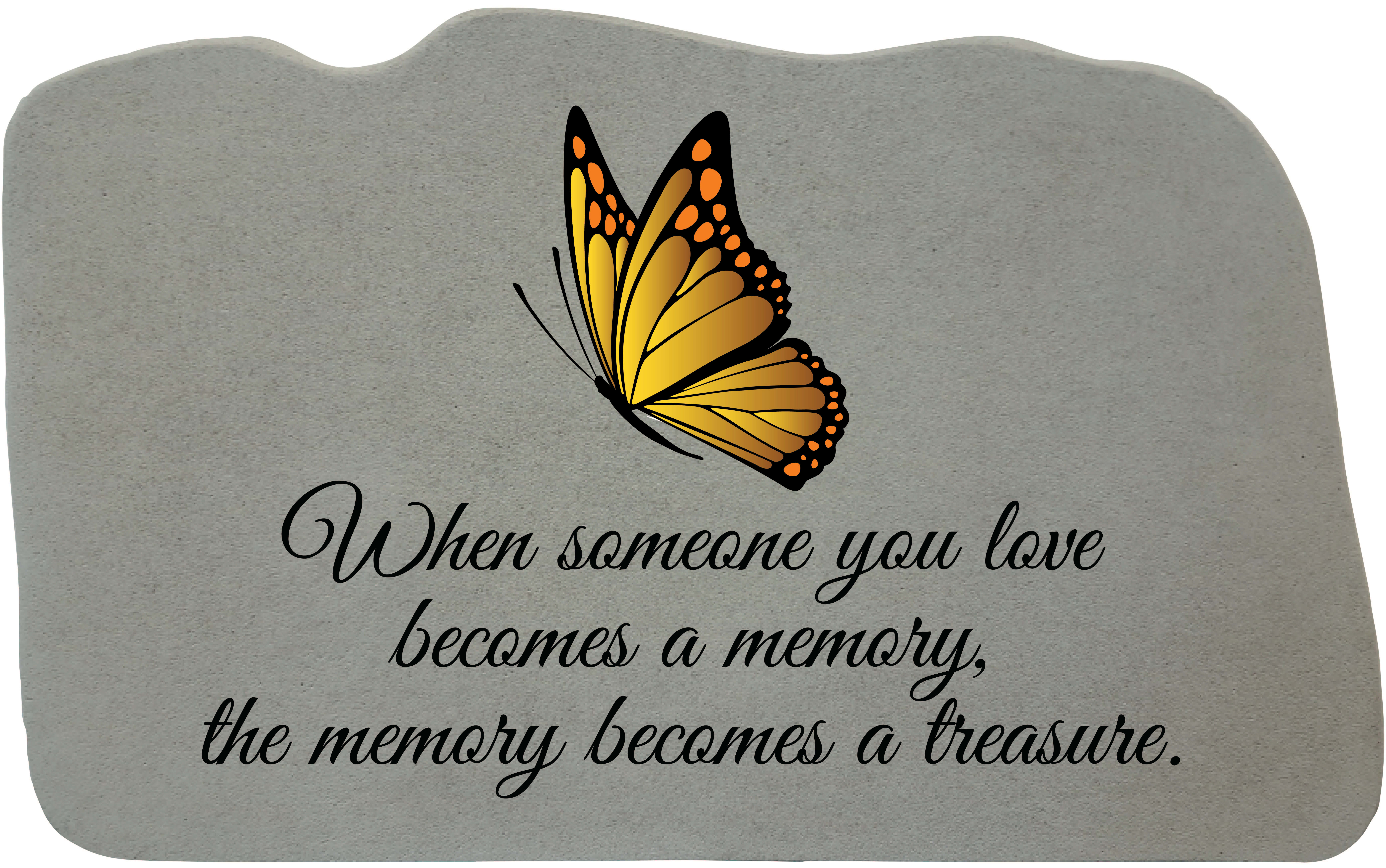 Gray memorial plaque with a butterfly and sympathy quote