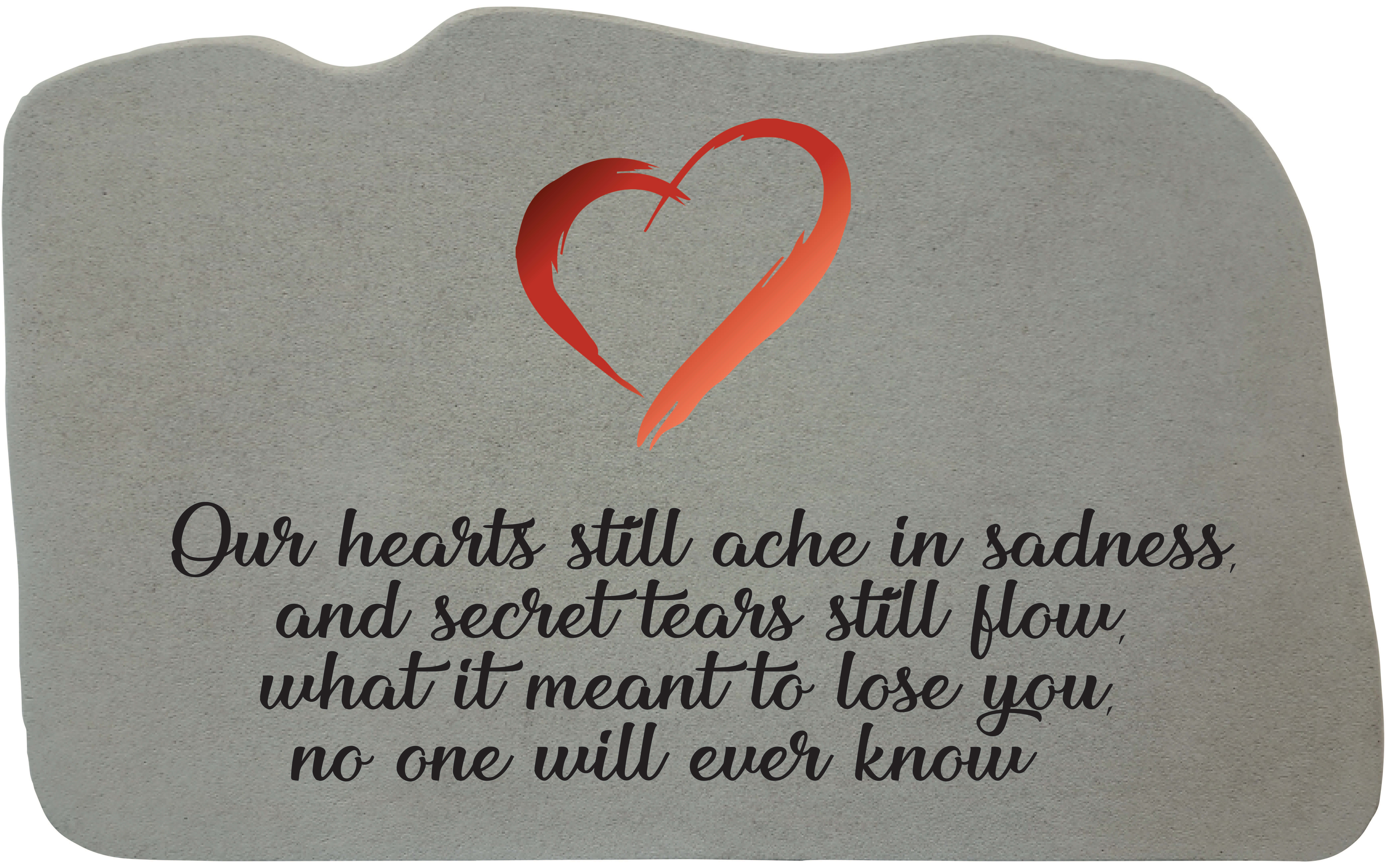 Gray memorial plaque with a red heart and sympathy quote