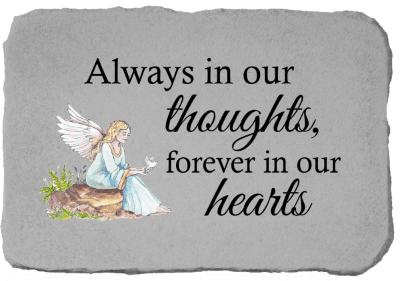 Gray memorial plaque with an angel and the words "Always in our thoughts"