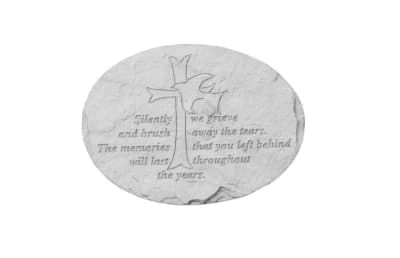 Oval memorial stone with an engraved dove and poem