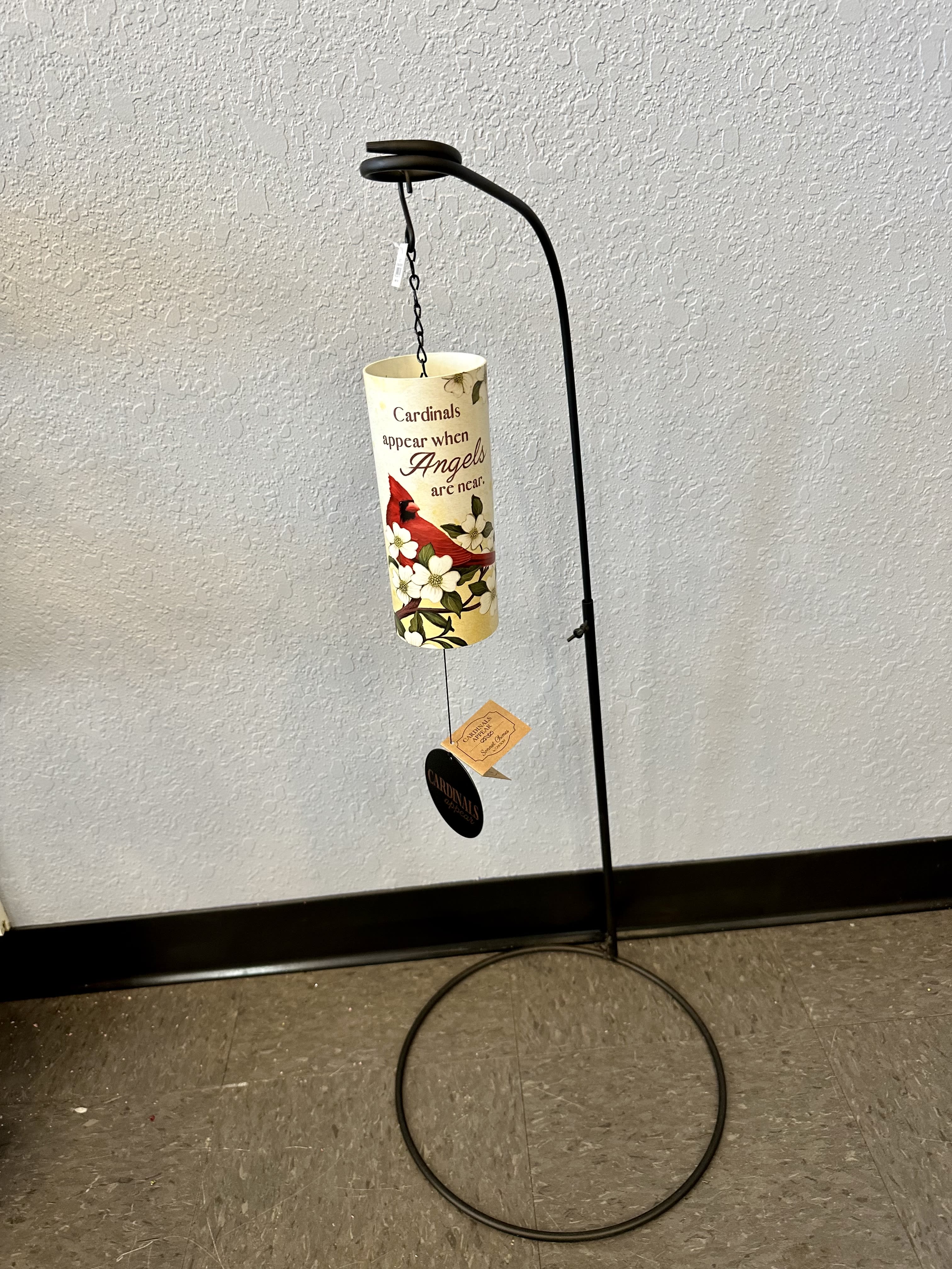 Hanging memorial wind chime with a cardinal and floral design