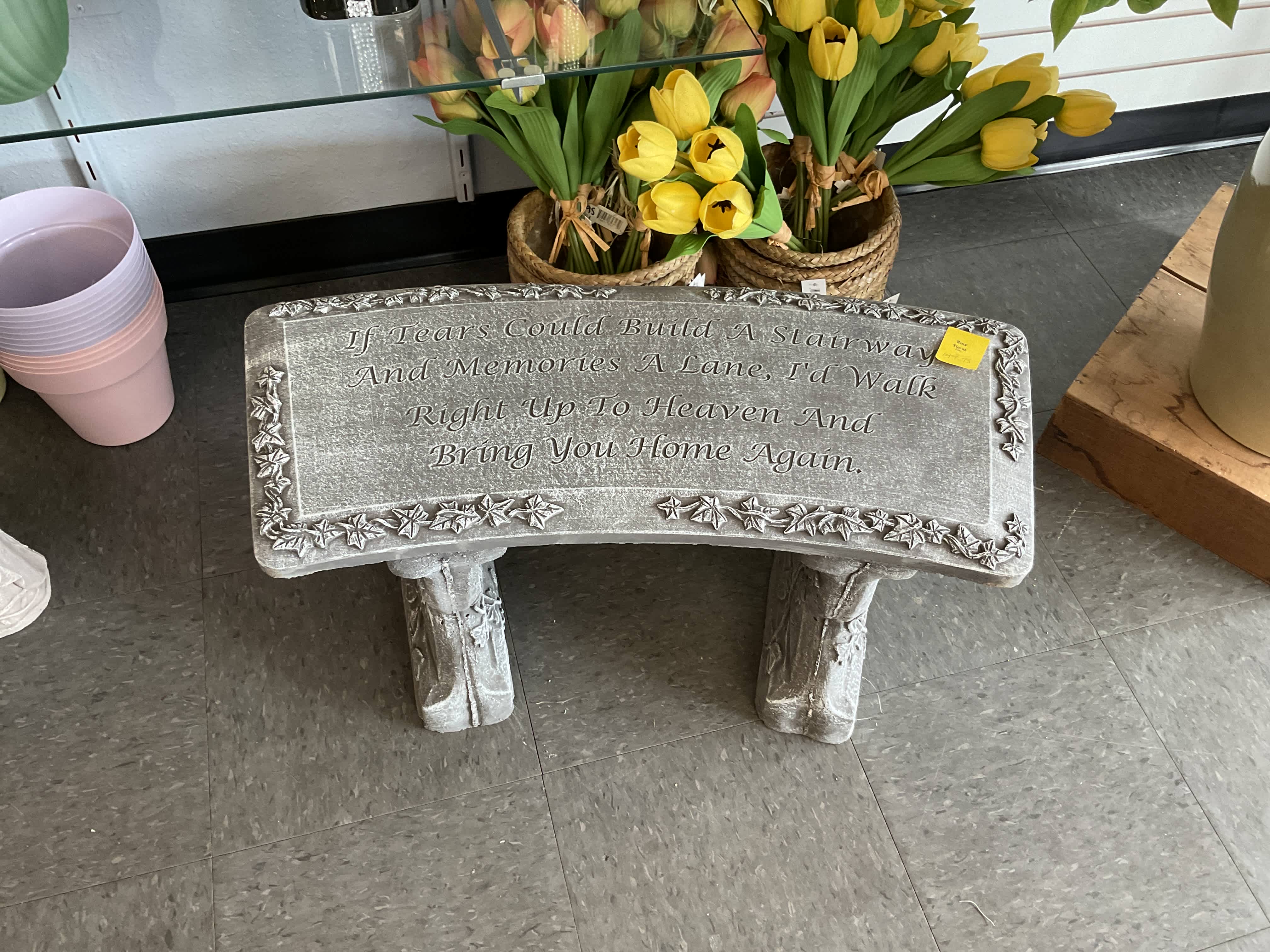 Stairway &amp; Ivy Bench - A concrete bench with ivy leaves and vines.  The bench and legs are 3 separate pieces Text reads; “If Tears Could Build A Stairway And Memoriies A Lane, I’d Walk Right Up To Heaven And Bring You Home Again.”