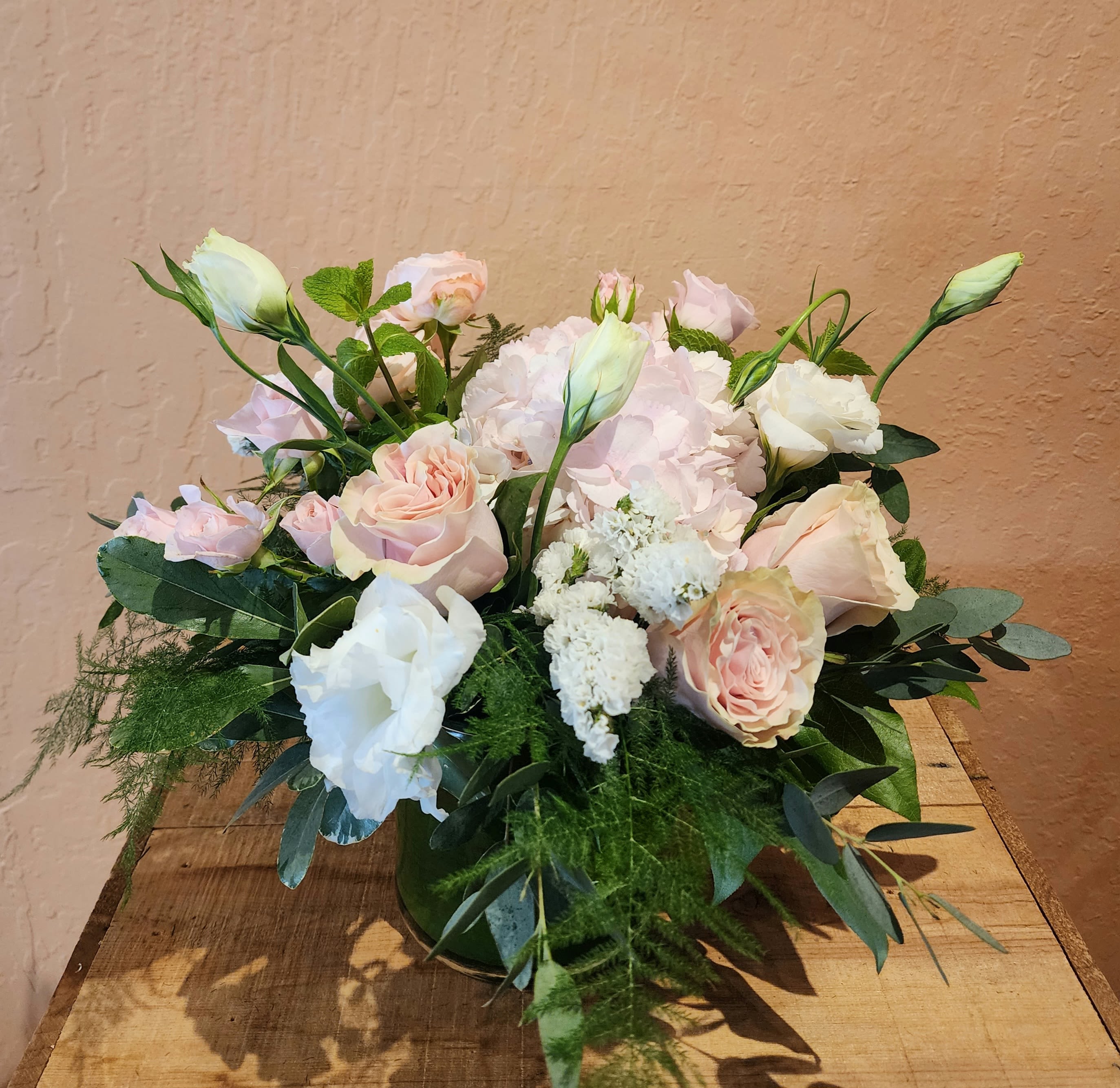 Pastel Pink- low and lush - Our softest pastel pink, interesting greenery accents,  in a low lush shape. 