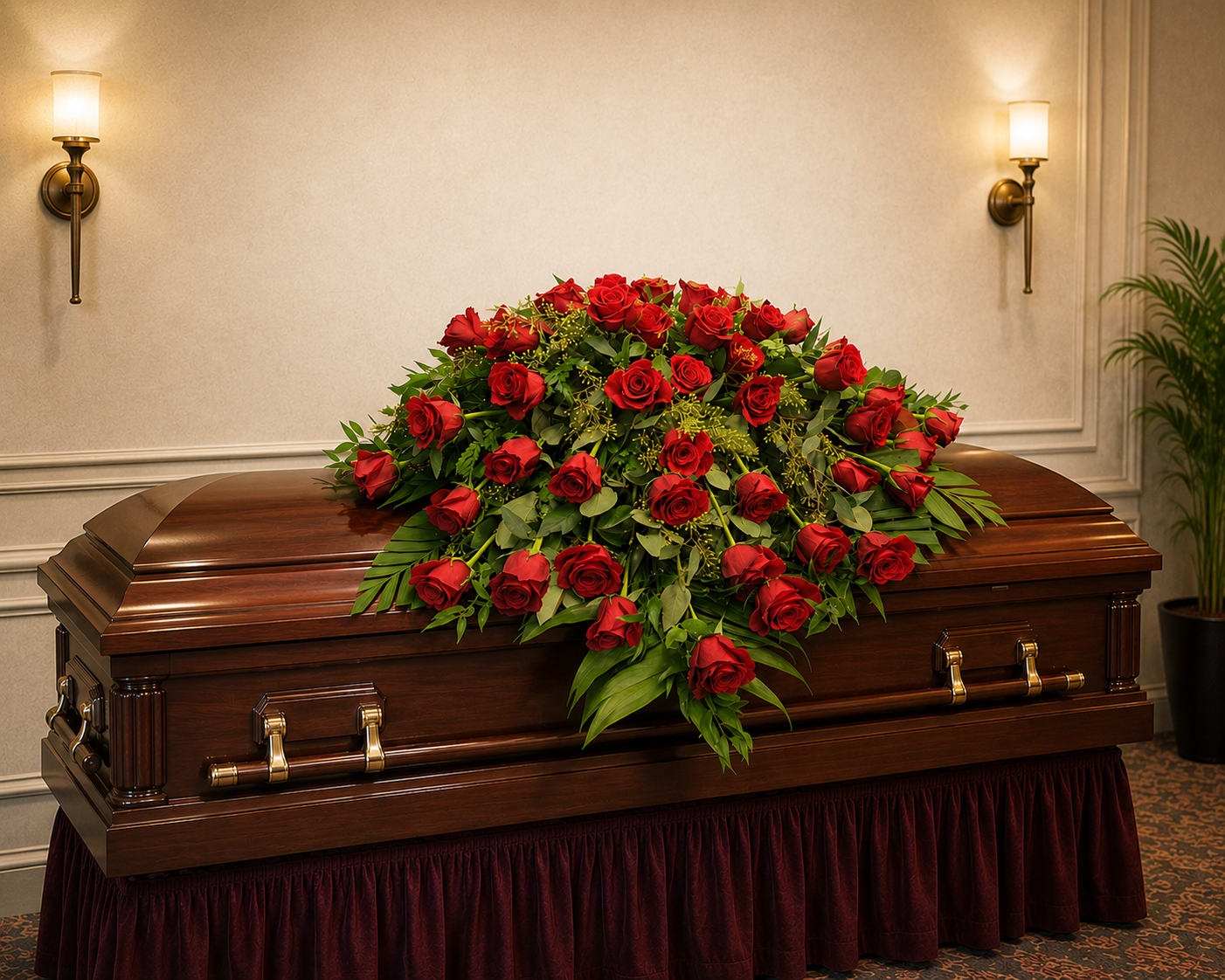 K640 Crimson Embrace Red Rose Casket Spray - . In times of loss, red roses convey a depth of love and emotion that words alone cannot capture, making them an ideal choice for paying tribute to the one who have touched our hearts so deeply. Let the timeless beauty of red roses offer comfort and a perfect farewell to those who meant the world to you.