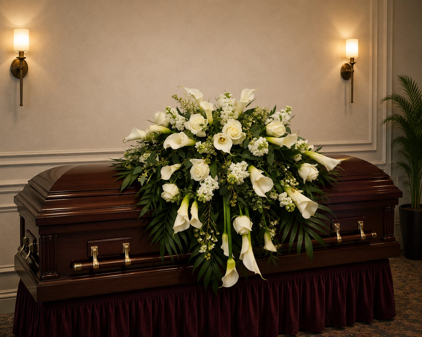 K604  Peaceful Light Casket Spray - K604 There is something truly pristine and pure about all-white roses, making them a timeless choice for expressing love and deep emotions when we lose a loved one. Our Peaceful Light White Rose Casket Spray is an elegant tribute that symbolizes peace, honor, and remembrance.  This arrangement is designed for an open casket, gracefully adorning the display with a serene touch. For a closed casket, we offer a premium-sized option that reflects an enhanced collection of exquisite white roses, creating an even more profound and beautiful expression of love.  Whether honoring a loved one with an open or closed casket, this casket spray offers a heartfelt tribute that conveys the purity of your sentiments during this difficult time.