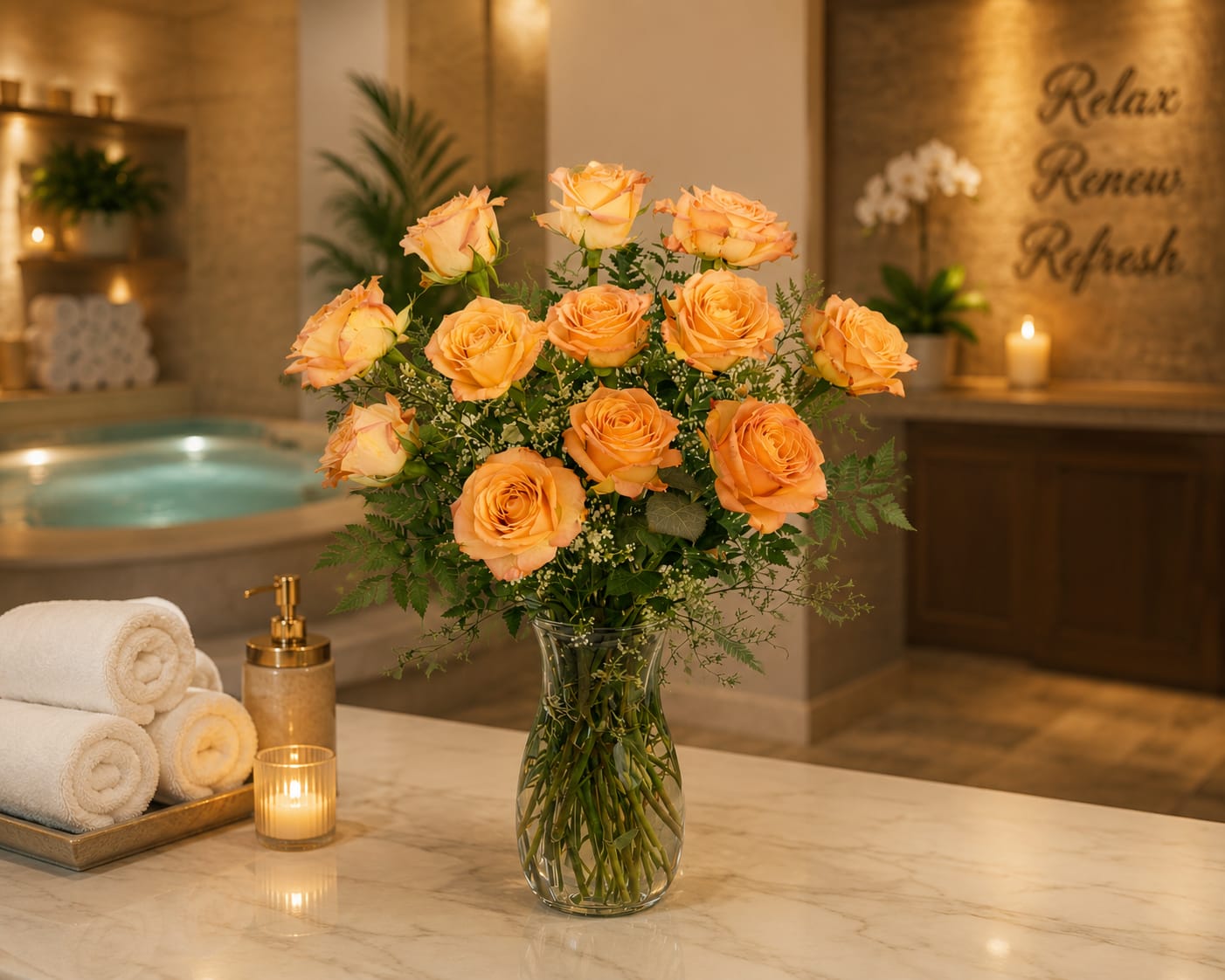 Peachy Roses  - Sincere Peach Roses Embrace the warmth and sincerity of our peach roses. These lovely flowers are perfect for expressing genuine feelings, whether it's to show gratitude after a business deal, convey sympathy to a loved one, or simply say "thank you" to a friend or colleague. The modest and down-to-earth color of peach roses also represents modesty and innocent affection, making them a heartfelt choice for any occasion. Celebrate engagements and lasting relationships with the sincere warmth and interest these roses convey.