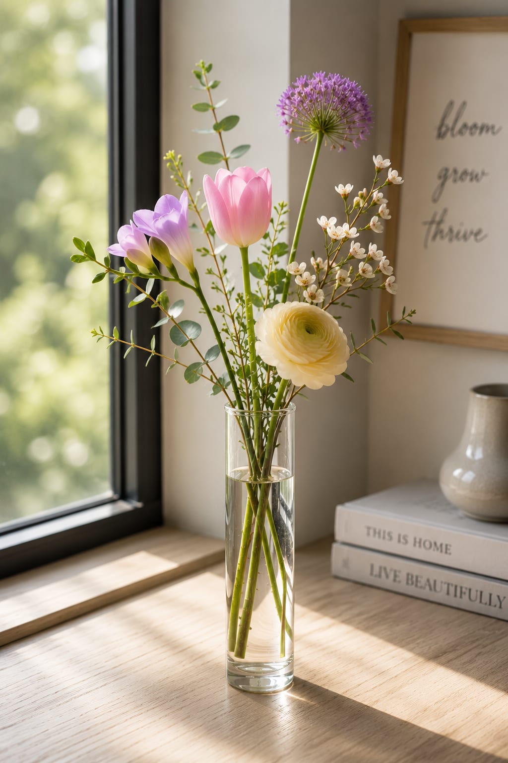 K30   Kiko's Bud Vase - A little goes a long way! Dainty selections arranged loosely in a small vase. When placing your order, compact, whispy, gardeny, springy, Be creative and we will do exactly that for you! Small but heartfelt and appreciated.